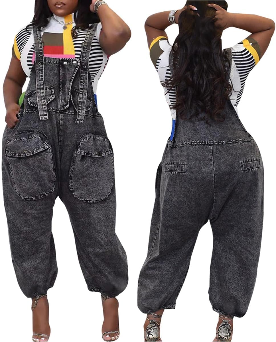 Lachmose Womens Overalls Denim Loose Fit Wide Leg Bib Baggy Jeans Jumpsuit Comfy - Image 5