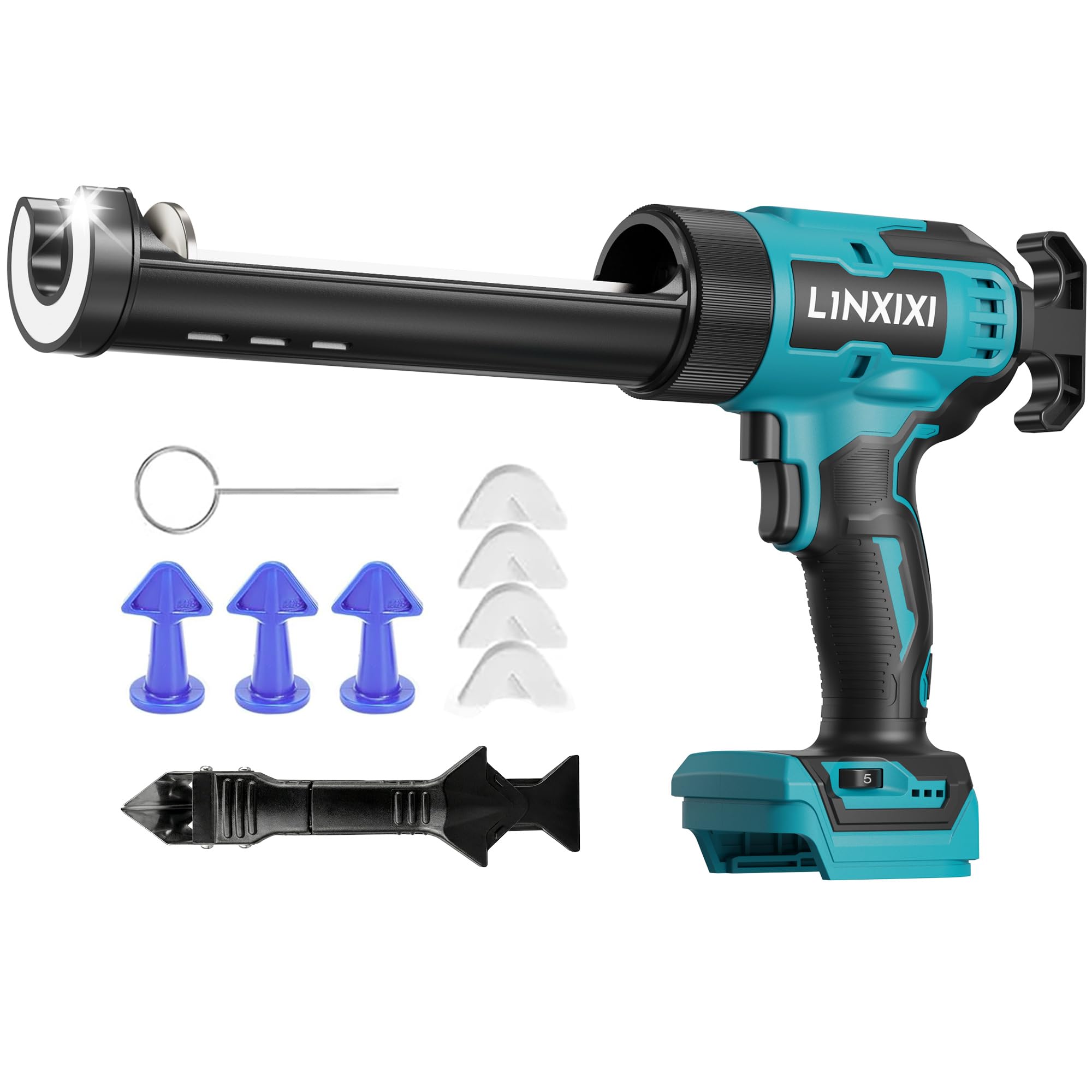 Prensa de cartuchos de batería compatible con Makita 18 V, prensa de cartuchos eléctrica, pistola de silicona con LED, velocidad regulable, antigoteo para reparación de montaje (sin batería)