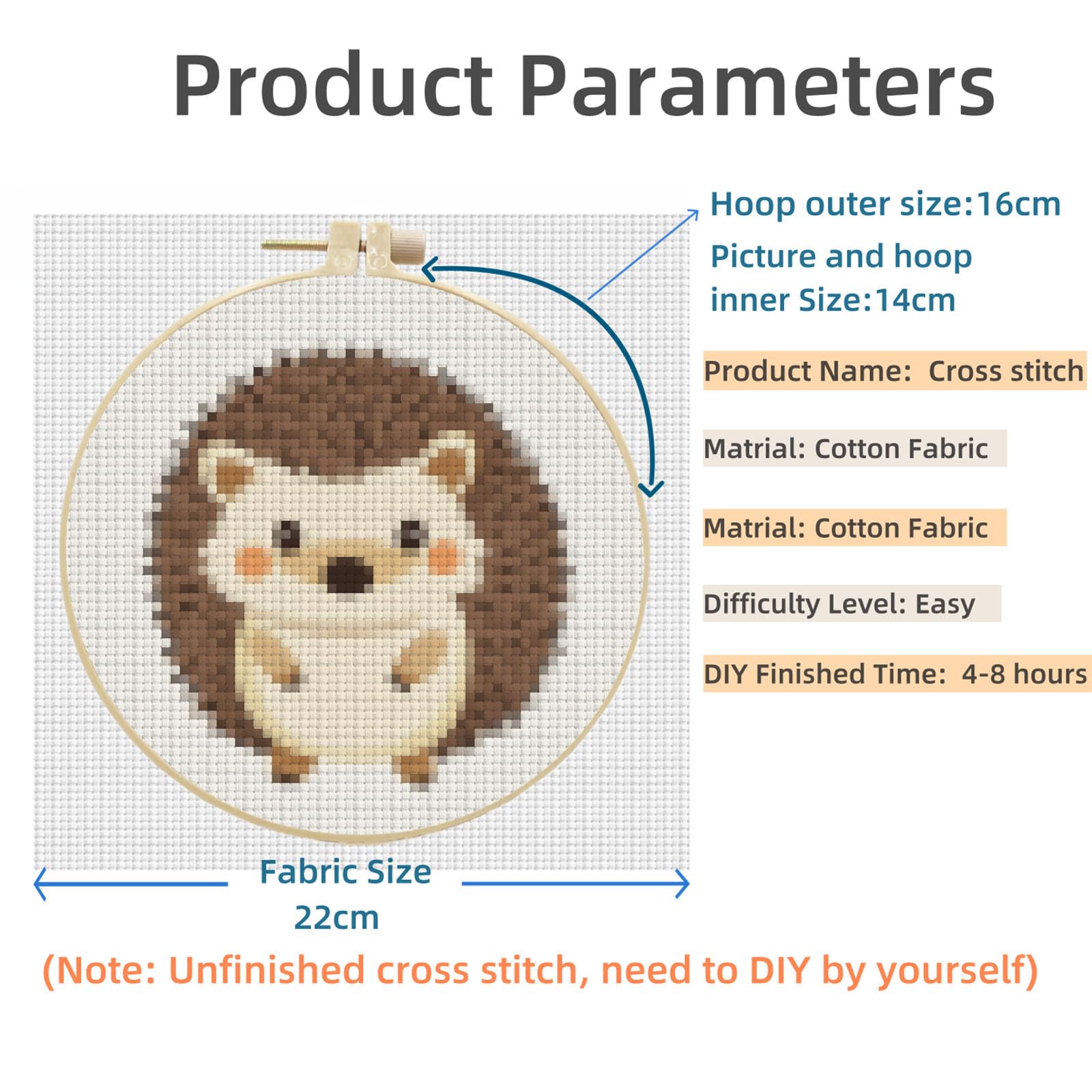 Generic Easy Stamped A Cute Cartoon Hedgehog Cross Stitch Kit for Beginners with Hoop Simple Patterns 11CT Counted Embroidery Needlepoint Crafts Arts for DIY Enthusiasts and Home Decor 22x22cm