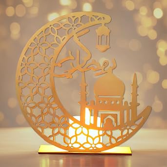 Wooden Eid Mubarak Decorations Lights, Eid Muslims Decorations for Home Candle Lantern Eids Mubarak Lamp Decoration for Home Table [Energy Class A++] [Energy Class A]