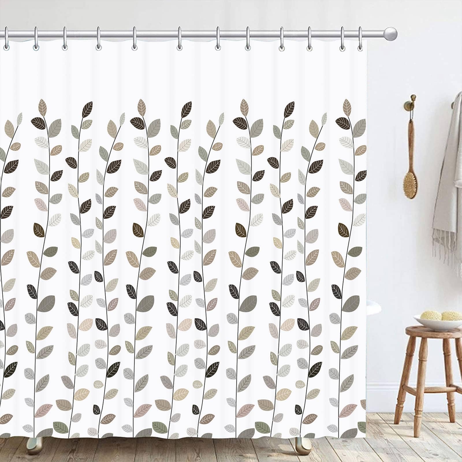 Hykiee Duschvorhang mit Blätter, Weiß Rustikaler Vintage Shower Curtain Dusch Vorhang, Antischimmel Wasserdicht Polyester Waschbar Modern Bad Vorhang mit 12 Haken für Badzimmer Dekoration 180x180cm