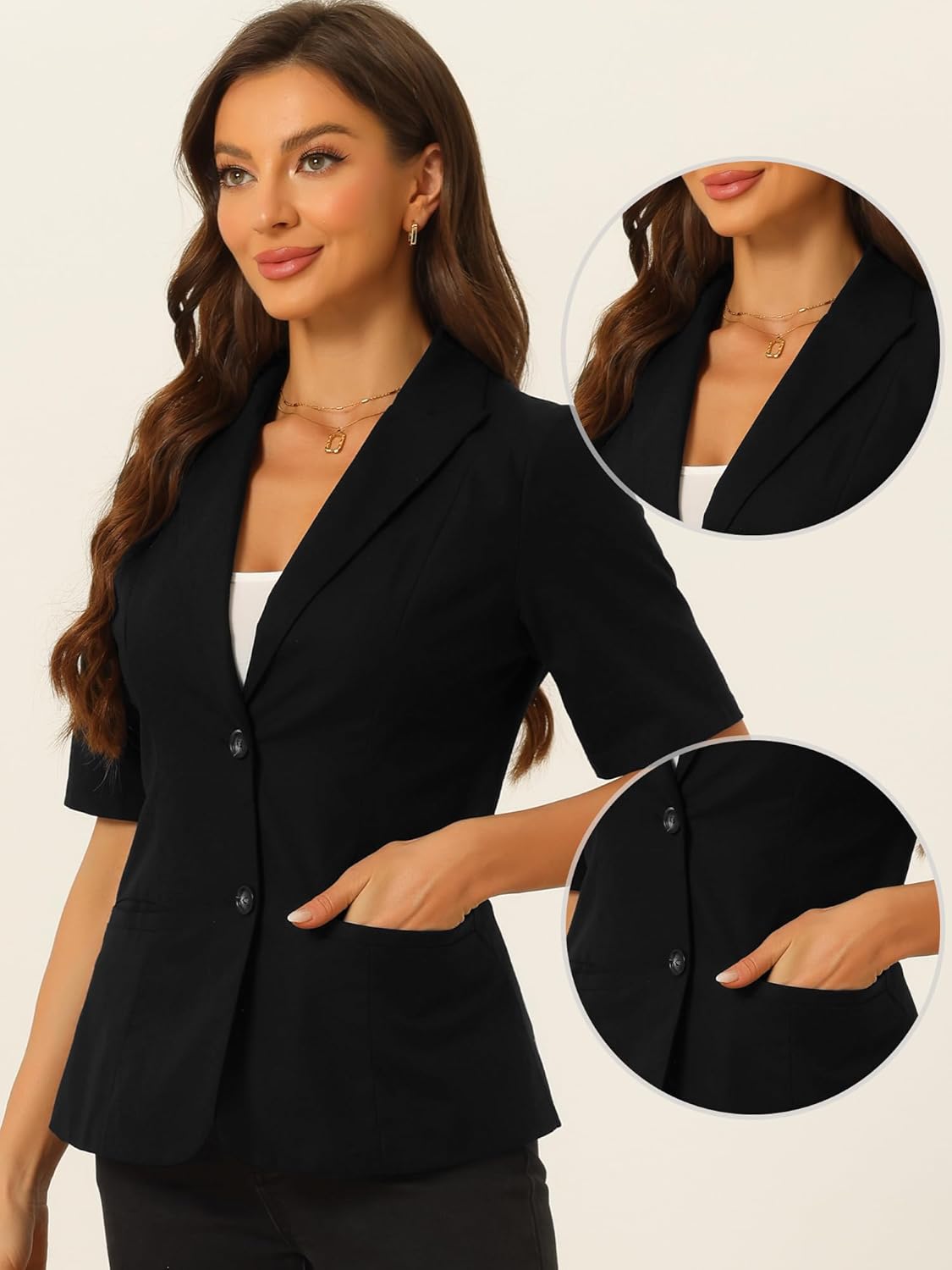 Allegra K Blazer for Women's Short Sleeve Button Front Cotton Linen Lapel Collar Work Office Casual Blazer Coat