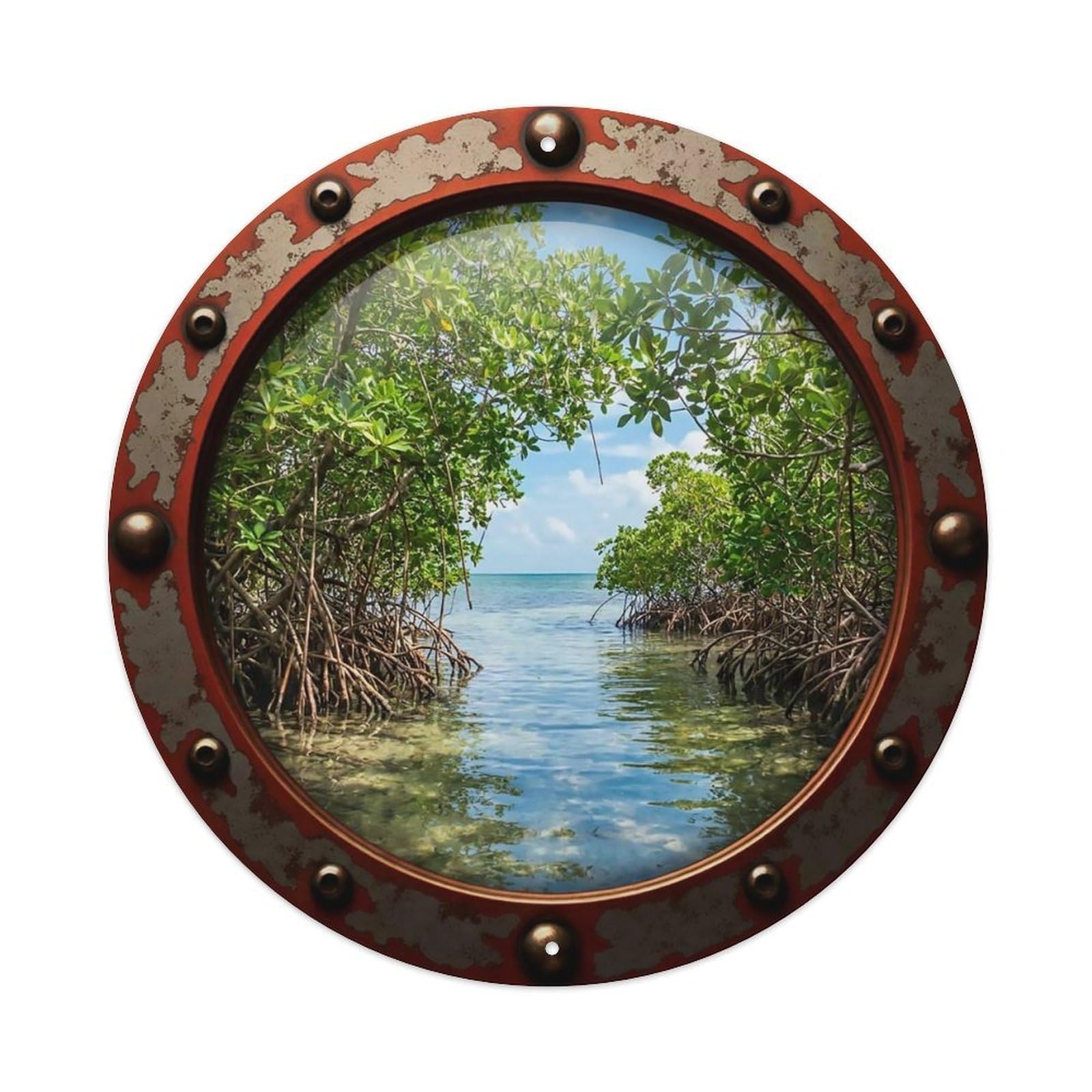 Vintage Porthole Mangrove Coast View Metal Tin Sign