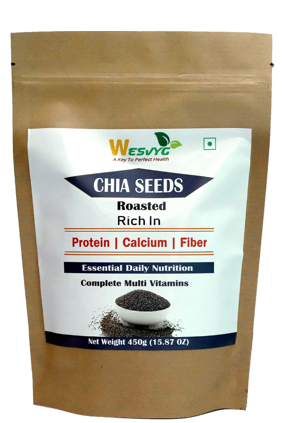 Wesvyg Roasted Chia Seeds for wt. Loss | High in Protein, Calcium & Fiber - 450 G