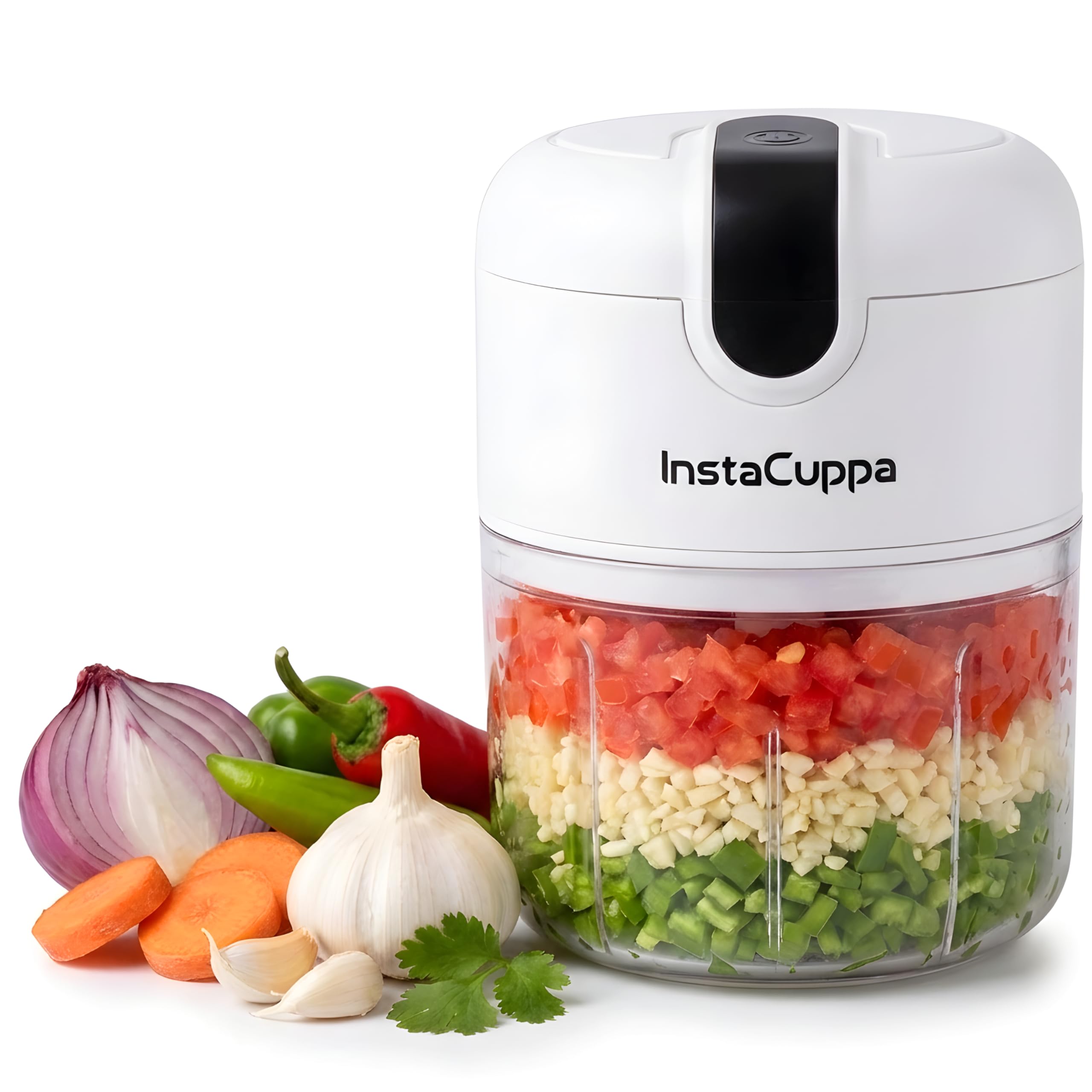 InstaCuppa Mini Electric Chopper for Kitchen, 50% Longer Use 1800 mAh Battery Onion Cutter, USB-C Garlic Mincer for 50% Faster Charging, 45 W Fast Vegetables Chopping for Busy Moms, 250 ML