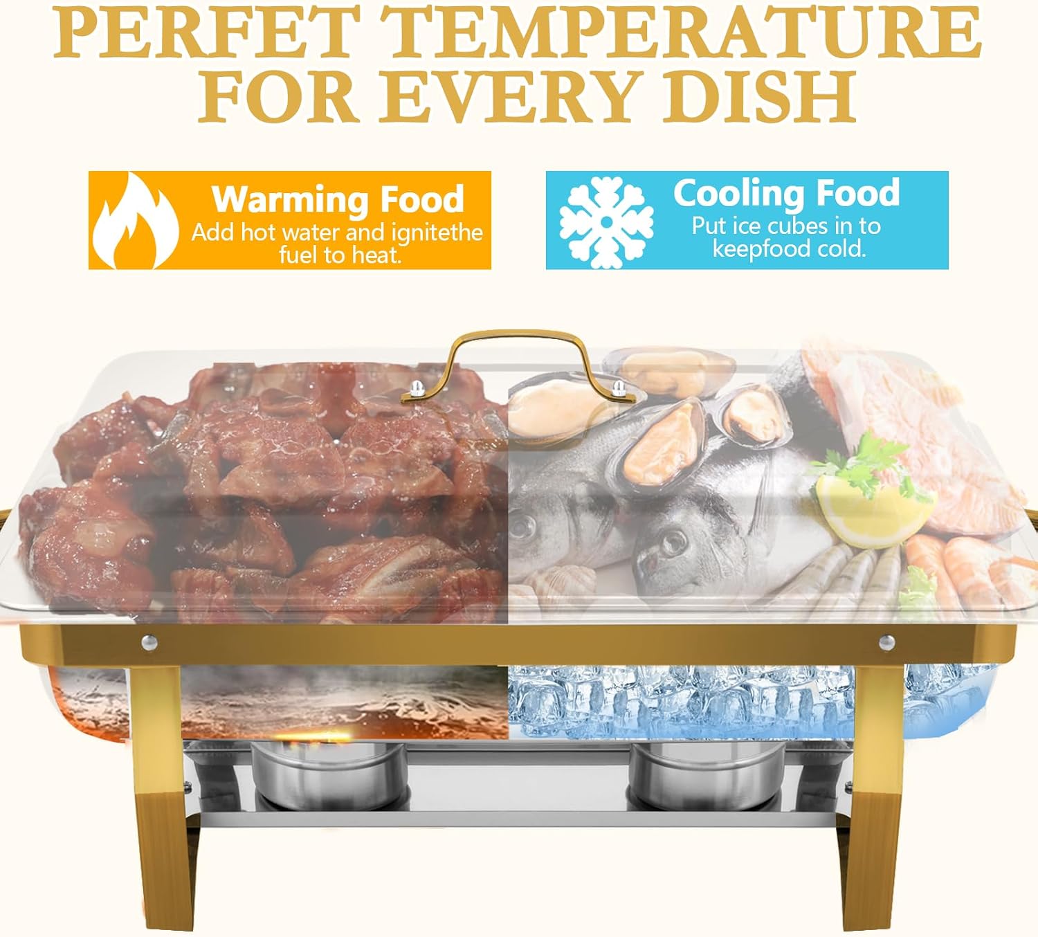 Chafing Dishes for Buffet, 4 Pack 9QT Stainless Steel Chafing Dish Set for Home Parties, Christmas Gatherings, Catering Events, Gold