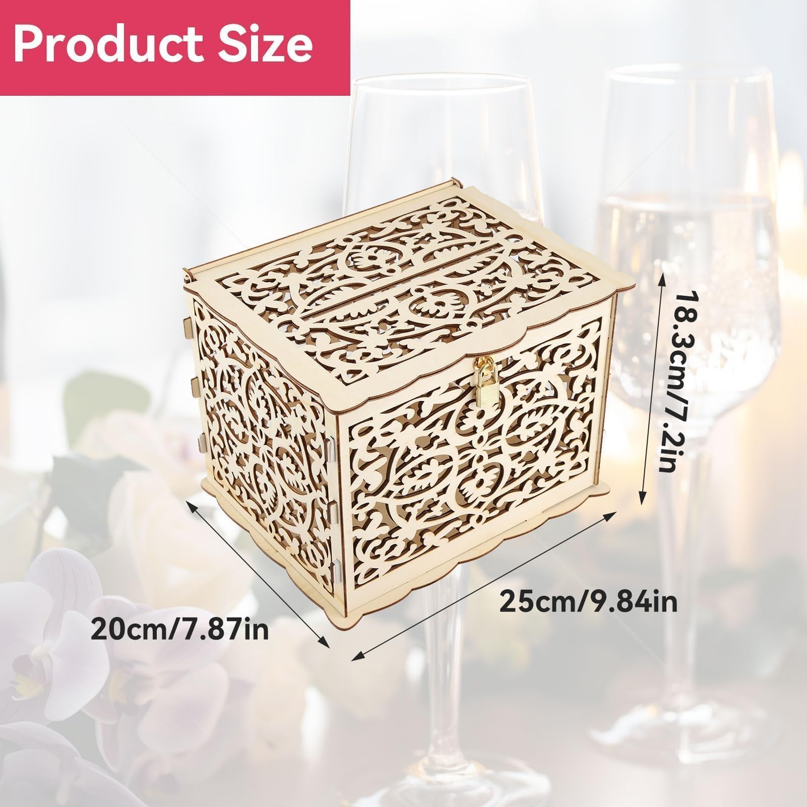 HERCHR Porta Buste di Carte di Nozze in Legno con Coperchio e Serratura, Porta Buste per Ricevimento Matrimonio Anniversario con Serratura