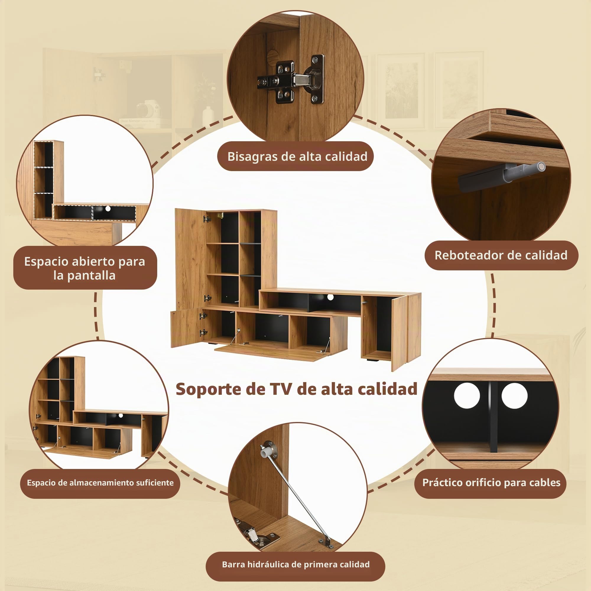 Juego de pared para TV con vitrina (juego completo, 2 unidades), incluye tabla de TV y estantería, juego de muebles de salón, longitud flexible hasta 265 cm, de pie y colgante, TV hasta 120 pulgadas