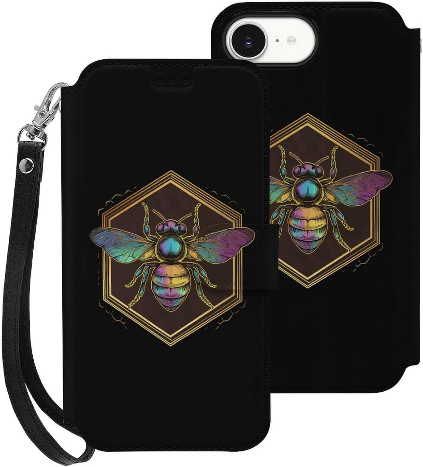 Honeybee Bee King Compatible with iPhone 16/16 Plus/16 Pro/16 Pro Max/16 E Case Phone Wallet Card Holder Flip Cover with Wrist Strap