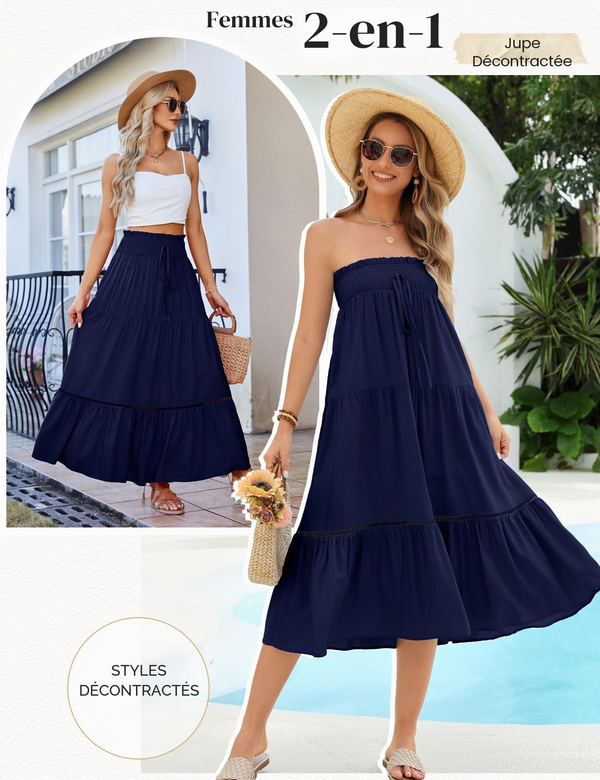 Jupe Longue d'été pour Femme Élastique Taille Haute Jupe Maxi Fluide A-Ligne Casual Élégante Jupe 2 en 1 Bohême Décontractée Vacances Plage