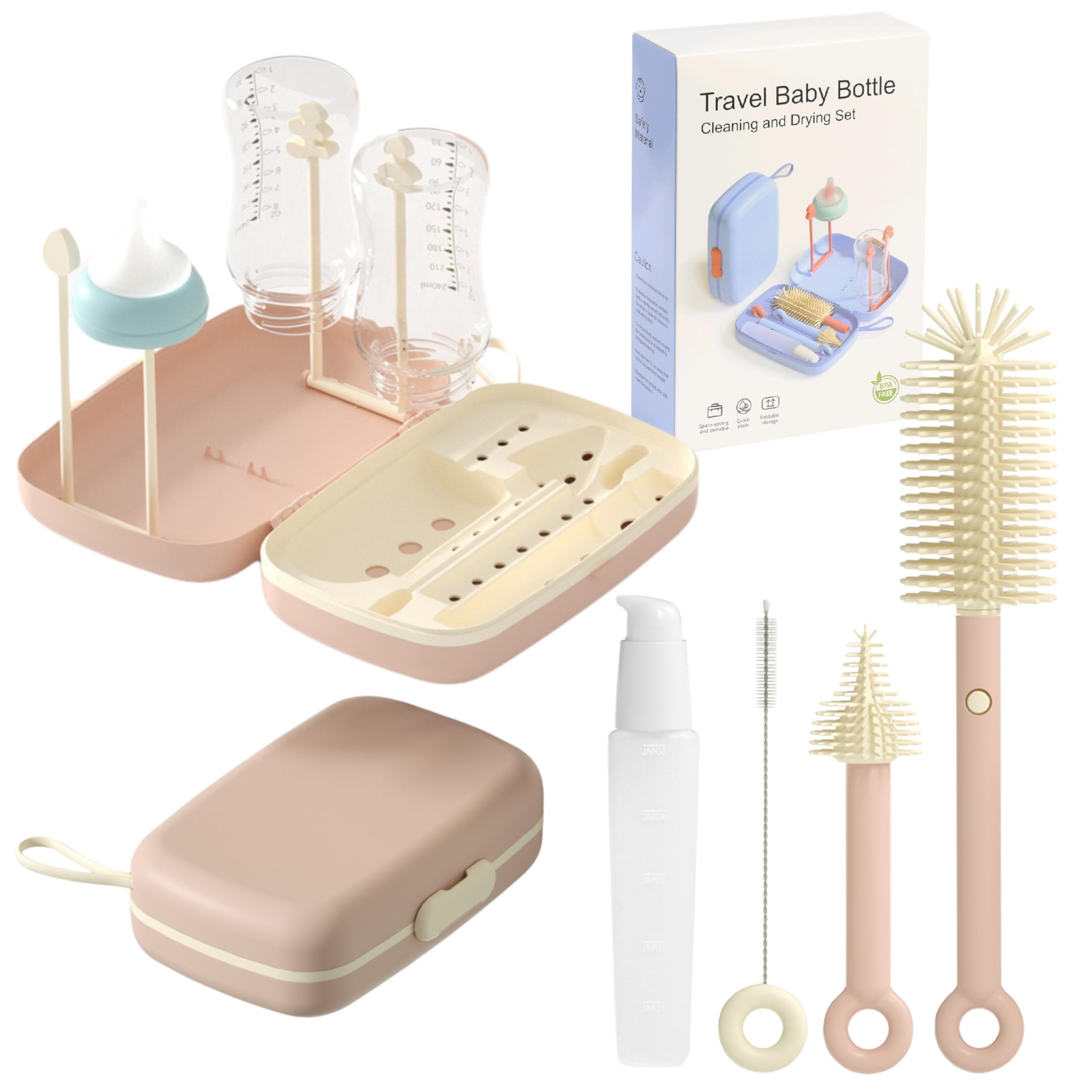 Limpia Biberones & Escurre Biberones 7-en-1 – Cepillo Silicona 360°, Cepillo Tetinas, Pajitas + Botella Jabón │ Kit de Viaje Plegable sin BPA (Rosa)