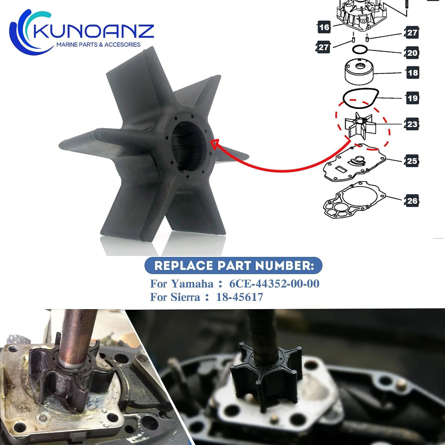 6CE-44352-00-00 Marine Outboard Water Pump Impeller for Yamaha F300 F250 F225 2010 to 2025 4.2L V6 4 Stroke 225 250 300 HP Engines Replaces 18-45617 6CE-44352-01 6CE-44352-03 6CE-44352-00