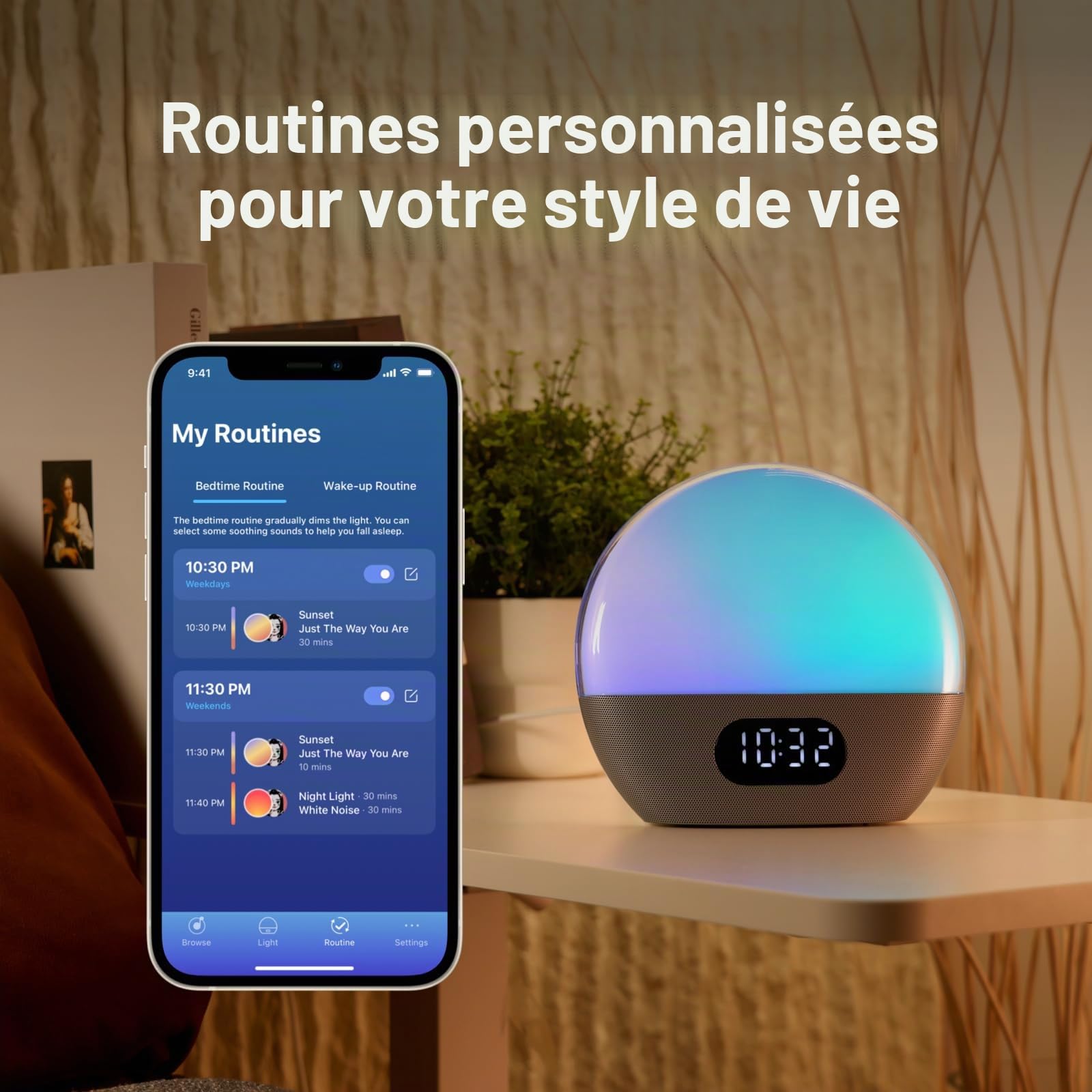 WiiM Lampe d'éveil, Alexa intégrée, Choix de Sons illimités, réveil Matin Tout-en-Un, Machine à Sons, routines de Sommeil et Plus (Argent Poli)