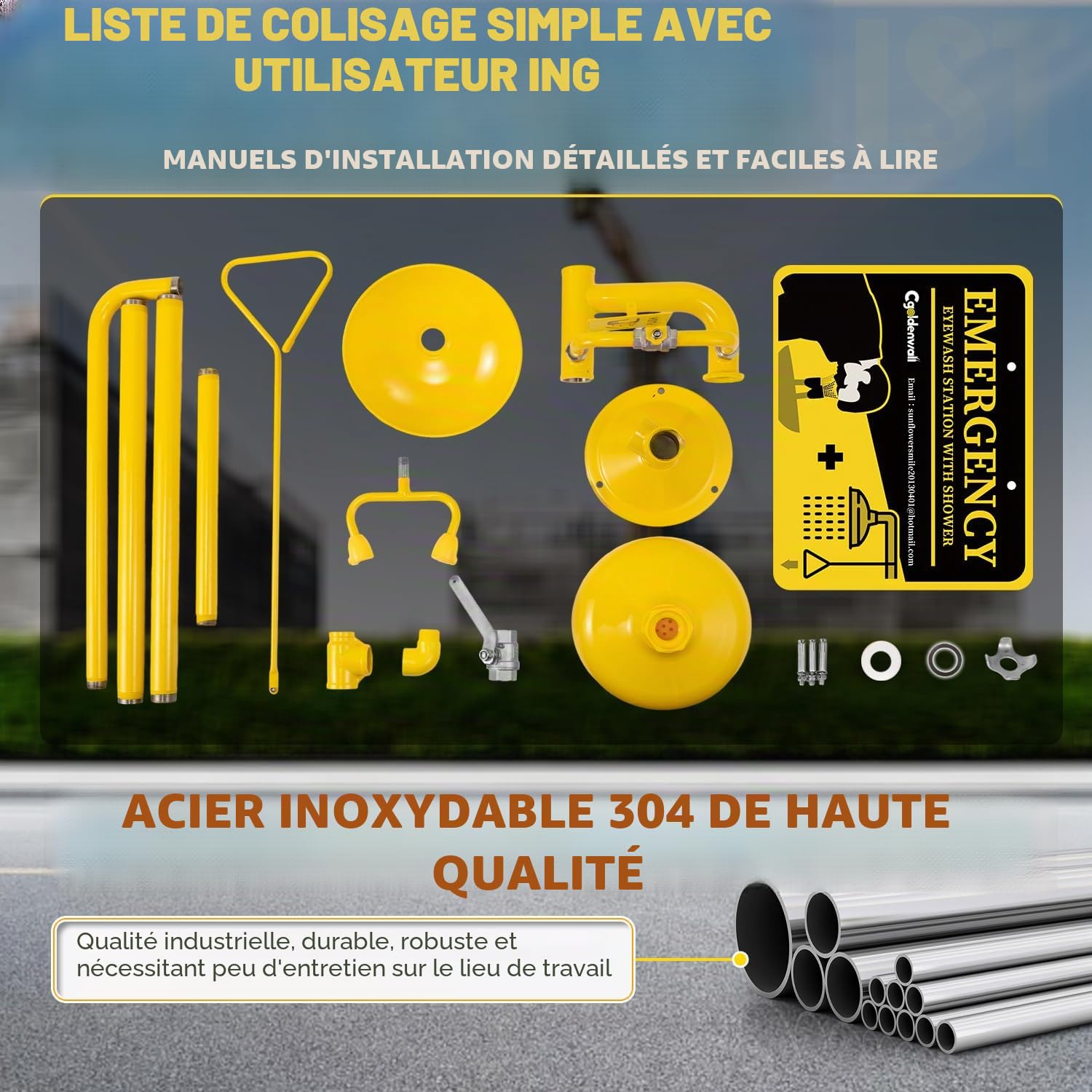 CGOLDENWALL Station Combinée Lavage Oculaire d'Urgence, ABS Revêtu SUS304 | Douche de Sécurité Murale, Lavage Oculaire 12L/min & Douche 75,7L/min, Filtre Antidéflagrant pour Usine, Labo, Industrie