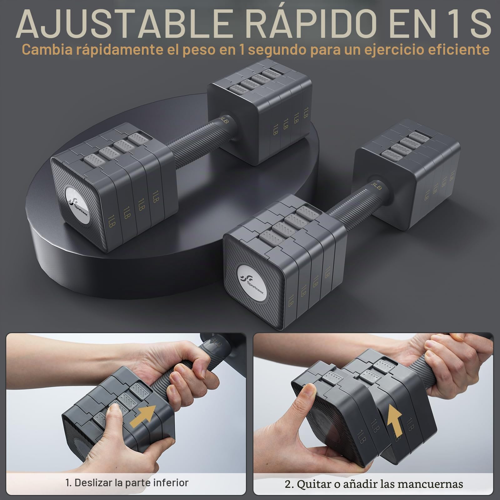 Juego de mancuernas ajustables: Sportneer - Juego de 2 mancuernas ajustables 5 en 1, regulables hasta 4,5 kg, de ajuste rápido, para entrenamiento de fuerza en casa, para hombres y mujeres