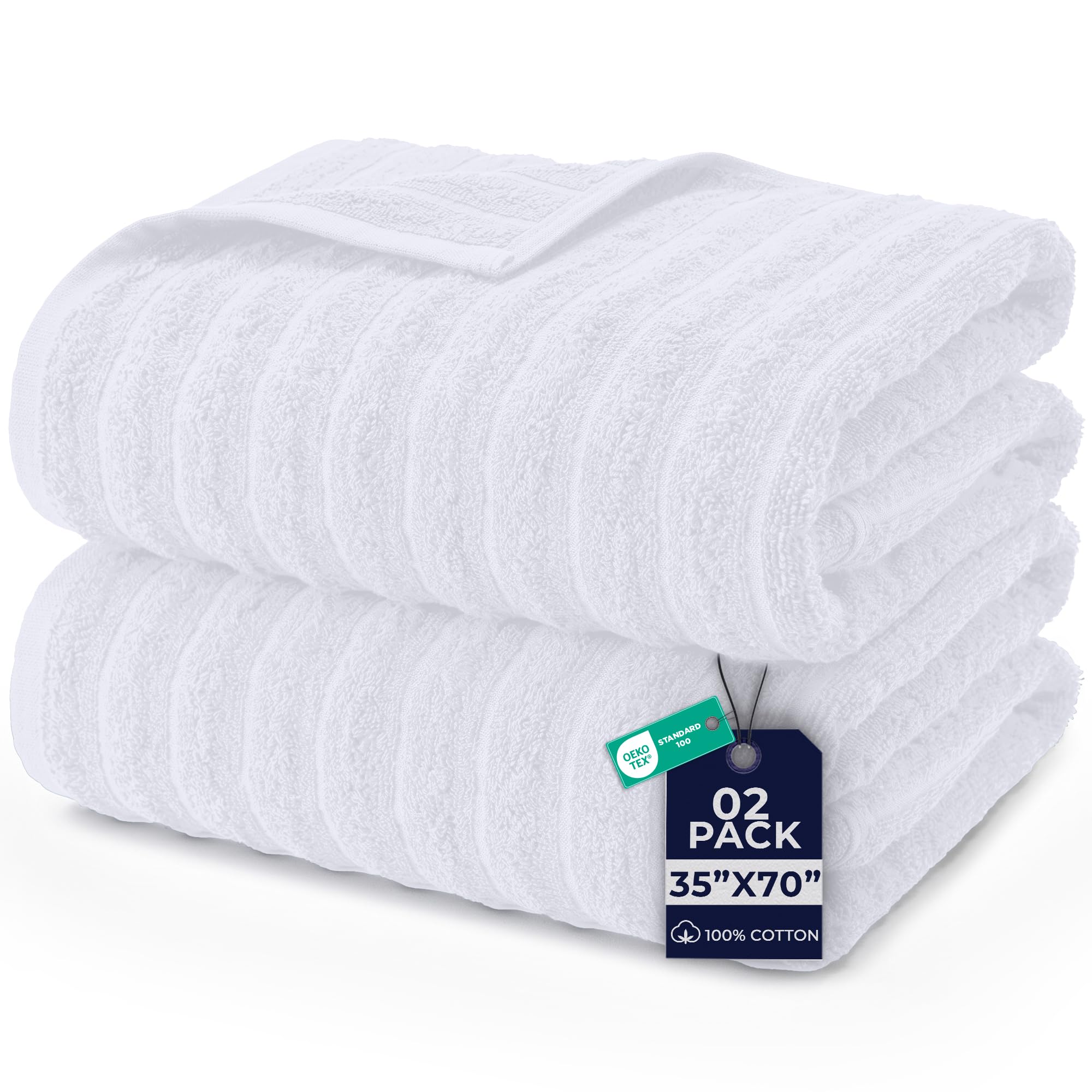 DAN RIVER Ribbed Extra Large Bath Sheets Pack of 2, 35 x 70 Inches, White