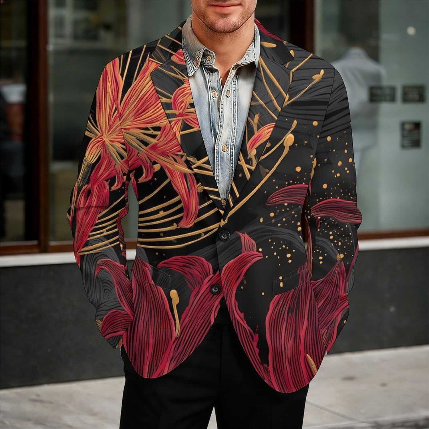 Spider Lilies Golden Flower Mens Blazer Two Button Lightweight Sport Coats Suit Business Jacket