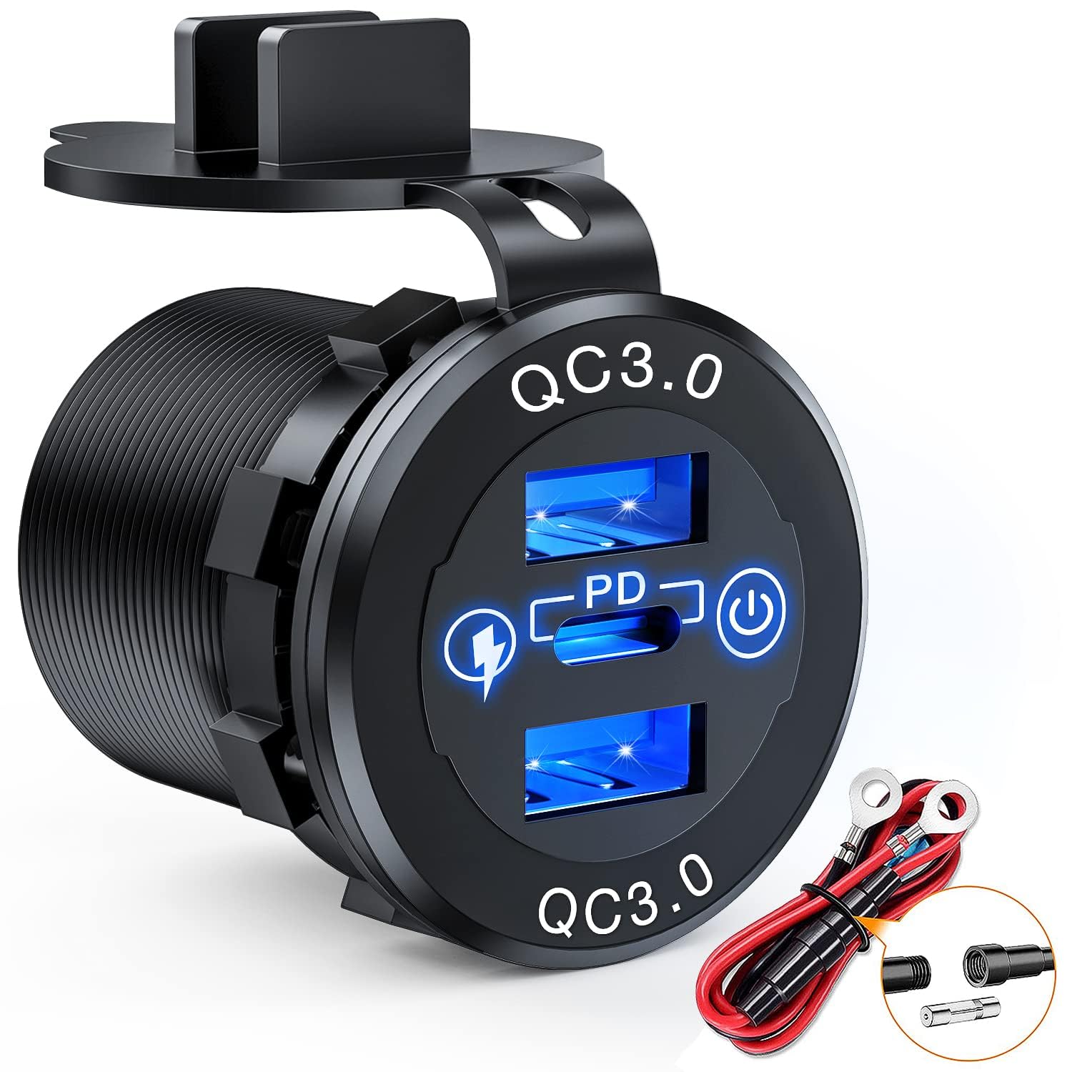 Car Charger Socket, PD Type C & QC3.0 USB Car Power Outlet with LED Digital Voltmeter, Compatible with 12V Vehicles, Marine Boats, RVs, and Motorcycles, Fast Charging and Durable