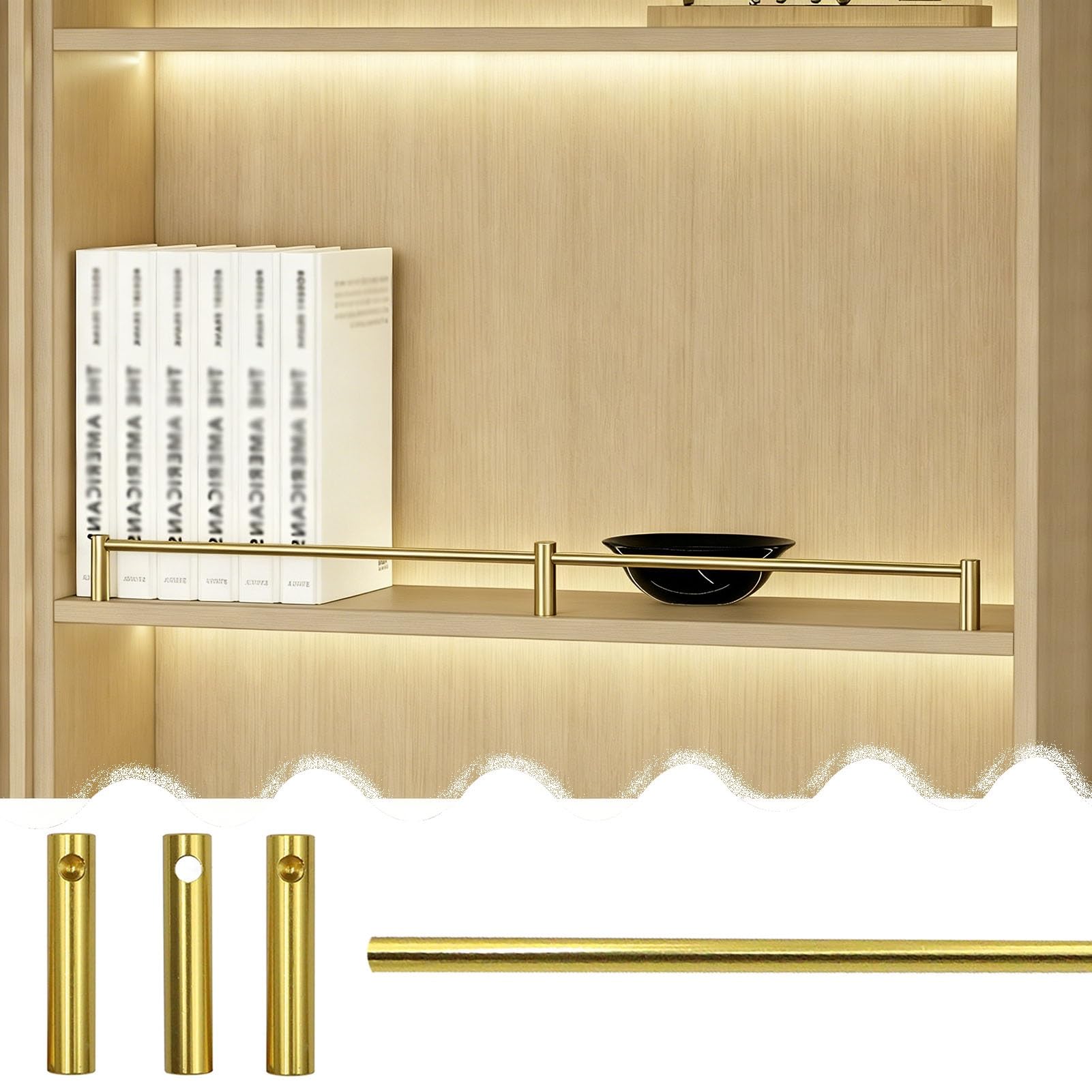 Decorative Shelves Railing for Shelf Front, Metal Guardrail for Bookcases/Cupboard/Wine Cabinets, Prevent Tipping Open Shelving Fence Railing(Gold,57in/145cm)