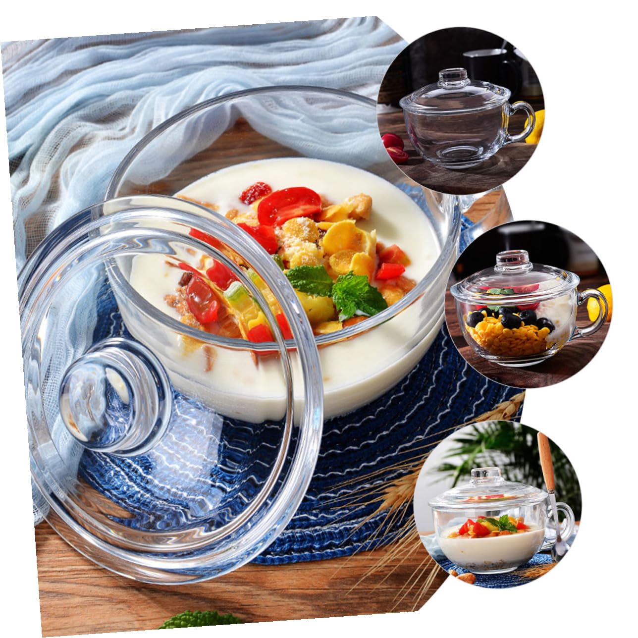 SHOWERORO Tazón de Vidrio Transparente con Tapa y Asa Cuenco para Ensalada Postre y Desayuno Resistente y Elegante para Uso Diario y Reuniones Familiares