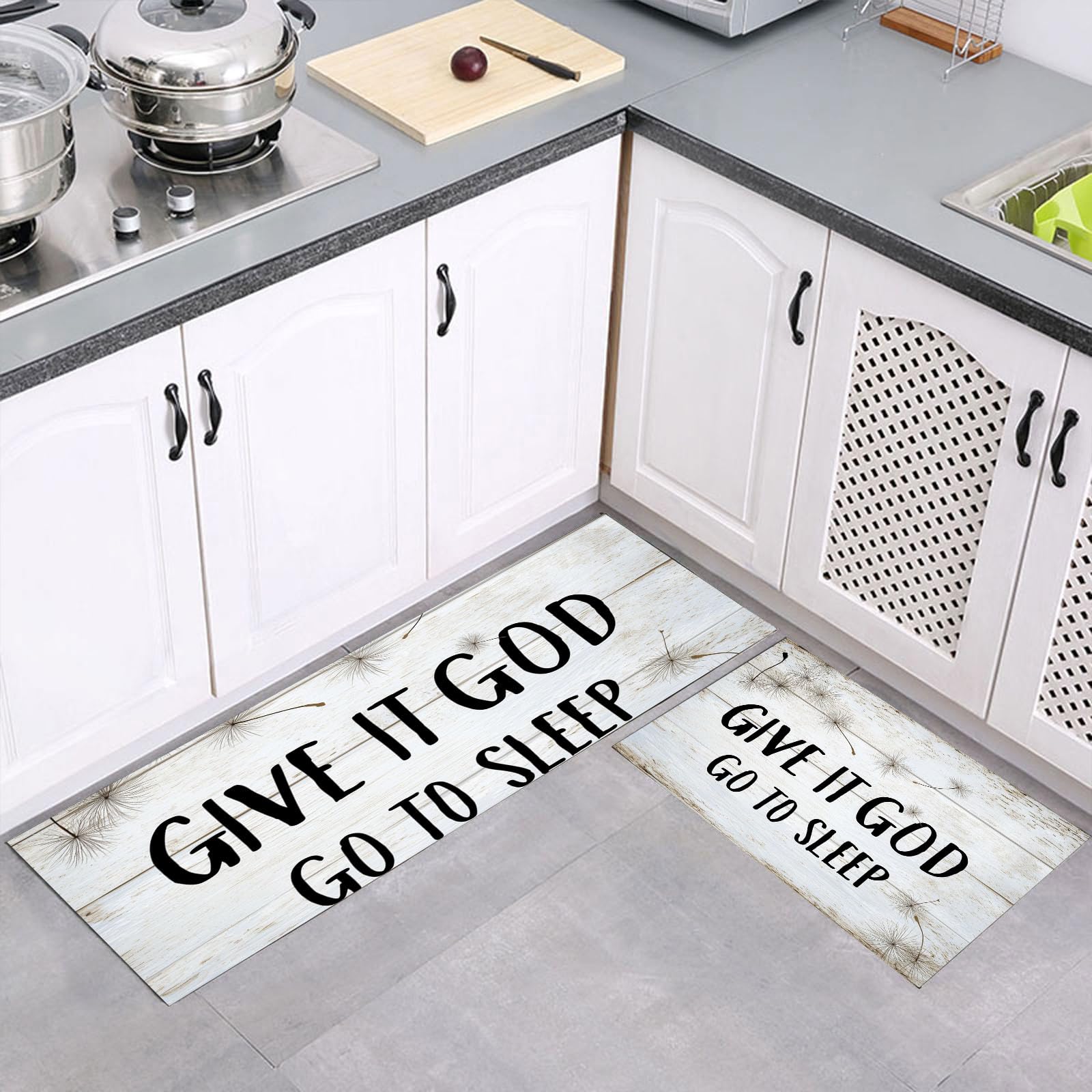 Almohadillas de cocina grises con diseño de diente de león y alfabeto, juego de 2 alfombras