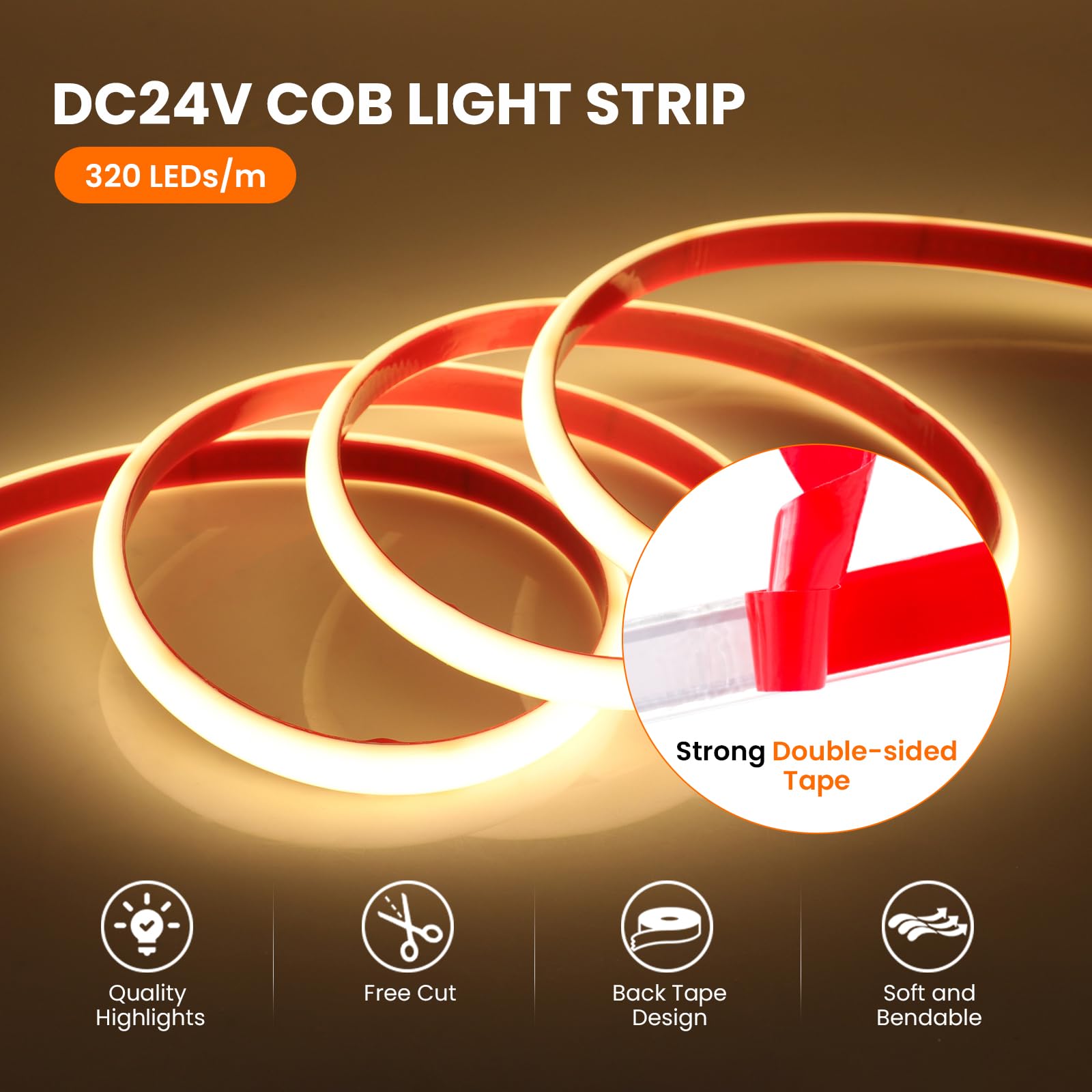 24V COB LED Tira de Neón [15m,Blanco Natural 4000-4500K]，288 LEDs/m Tira LED FCOB Cortable CRI85+，IP68 Impermeable Flexible，Hogar/tienda de iluminación decorativa