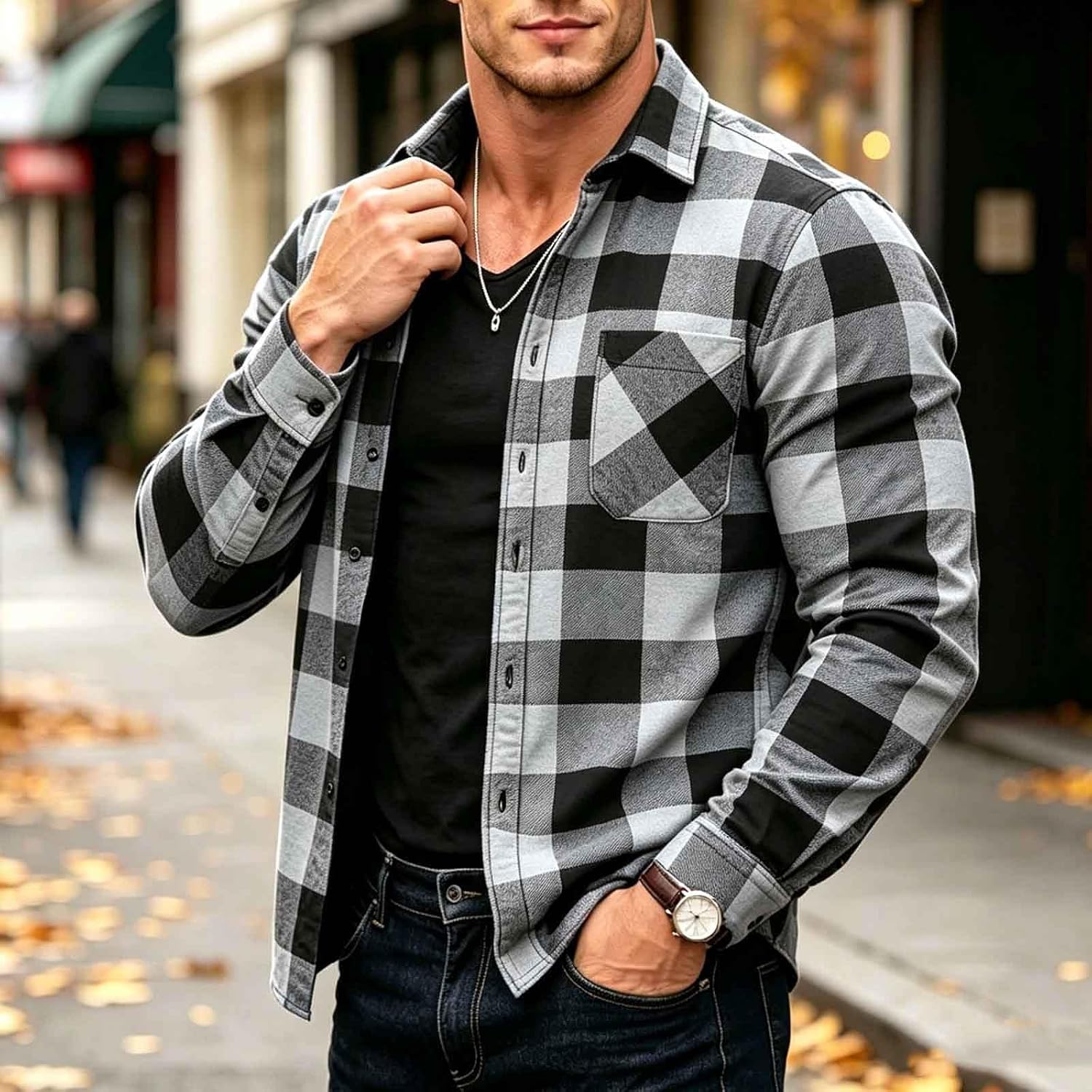 Men's Fleece Lined Plaid Jacket Button Front Collared Shirt Coat