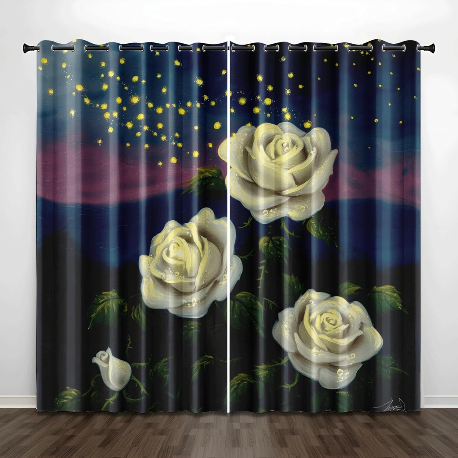 Blackout Curtains Yellow Blue Flower Living Room for Bedroom Polyester Washable Thermal Insulated Noise Reducing with Eyelets Door Curtain 2 Panels 2x85x200 cm(2 x 43.31 x 84.65 inch)