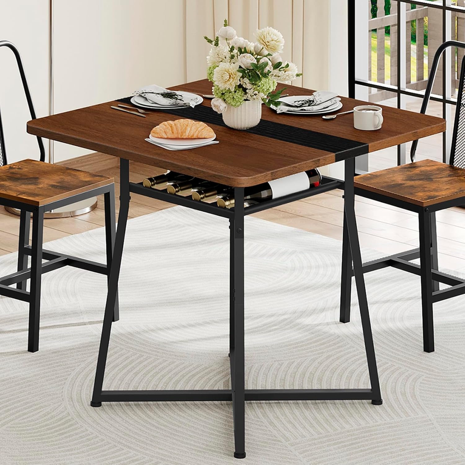 Dining Table, 29.5'' Kitchen Table, Dining Room Table with Wine Rack, Versatile Small Dining Table, Easy Assembly, for Restaurant, Cafe, Apartment, Black and Walnut CZ02BH