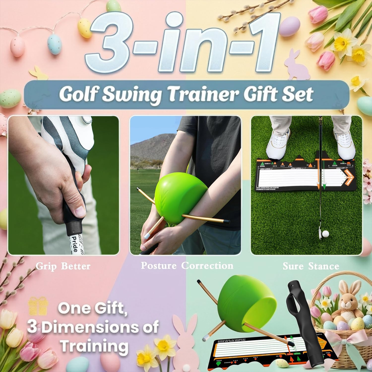 3-in-1 Golf Training Aids Set Grip Trainer Club, Sure Stance & Smart Ball for Hand Position, Swing Accuracy, Posture Correction & Balance - for Indoor/Outdoor Practice, All Levels (Right Handed)
