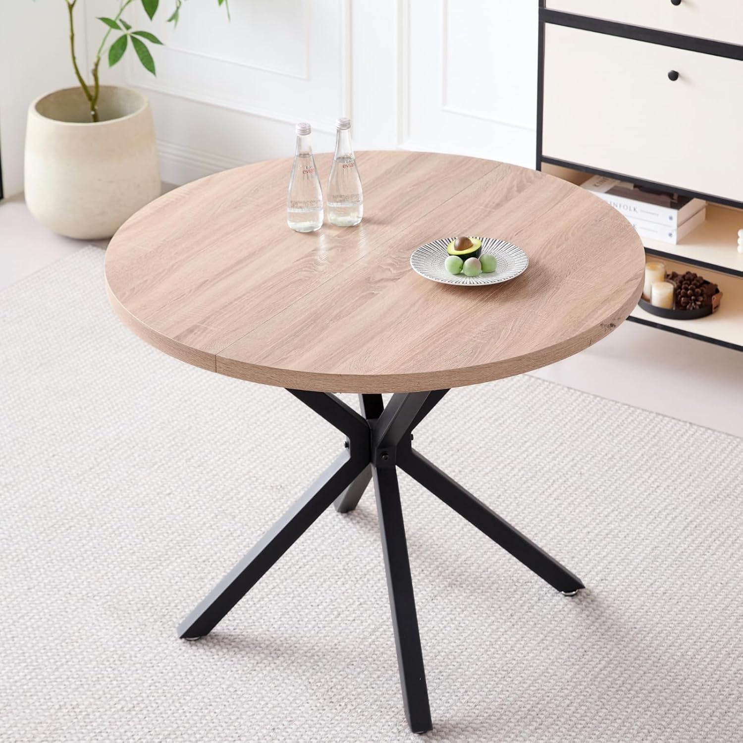 DEYARNA Ensemble de salle à manger 5 pièces ronde 100 cm 4 chaises cuir synthétique cuisine salon balcon restaurant bureau (couleur bois clair + gris foncé)