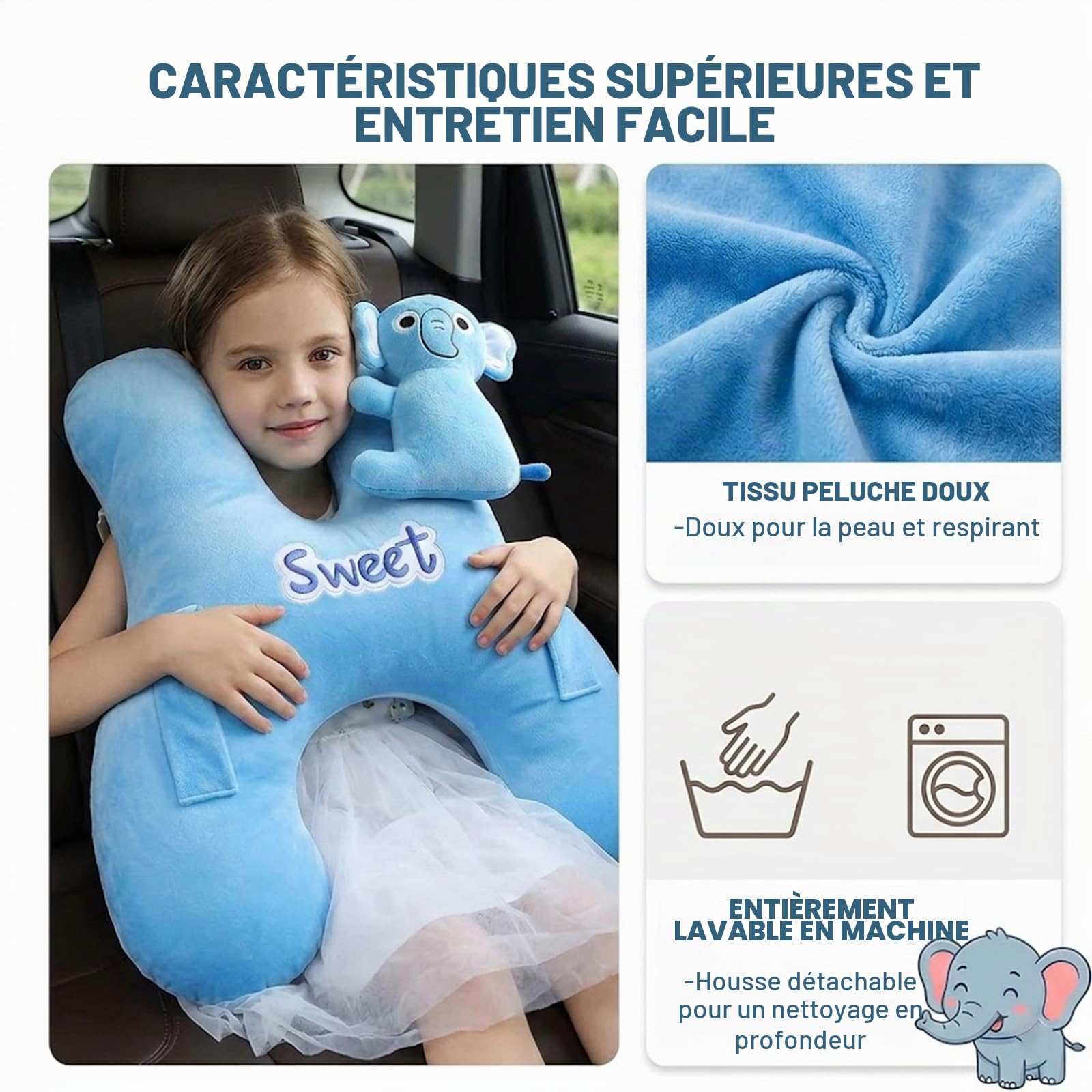 Devineresse Oreiller de Voyage Enfant, Coussin Voyage Enfant Forme H avec Appui-Tête Latéral Amovible, Oreiller de Voiture pour Dormir Lors de Longs Trajets, Velours Cristal et Éléphant