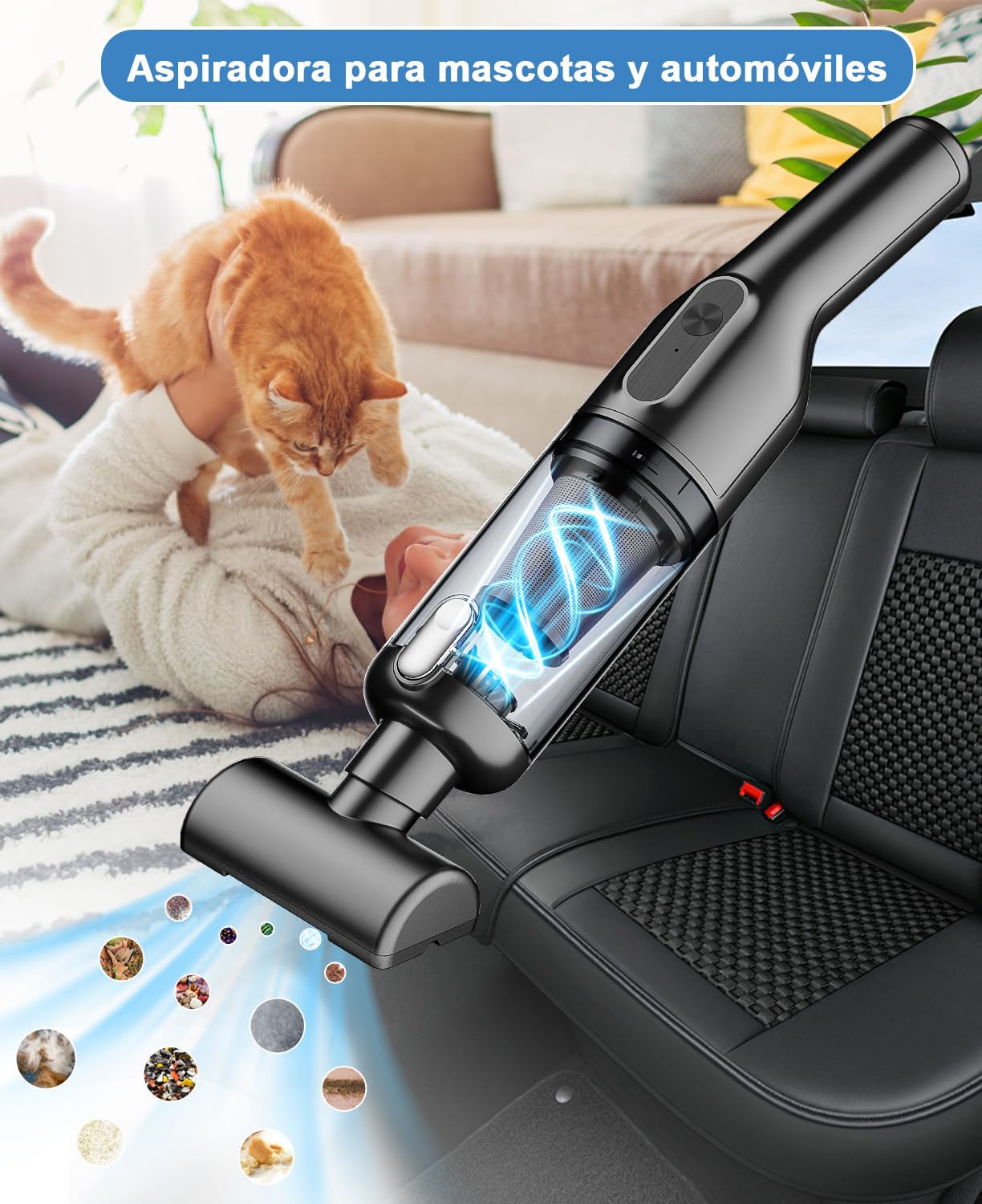 Aspiradora de Mano Sin Cable Potente 16000pa, Aspirador de Coche Batería Recargable USB Aspiradora Pelos Mascotas Mini Aspirador Portatil para Hogar y Coche