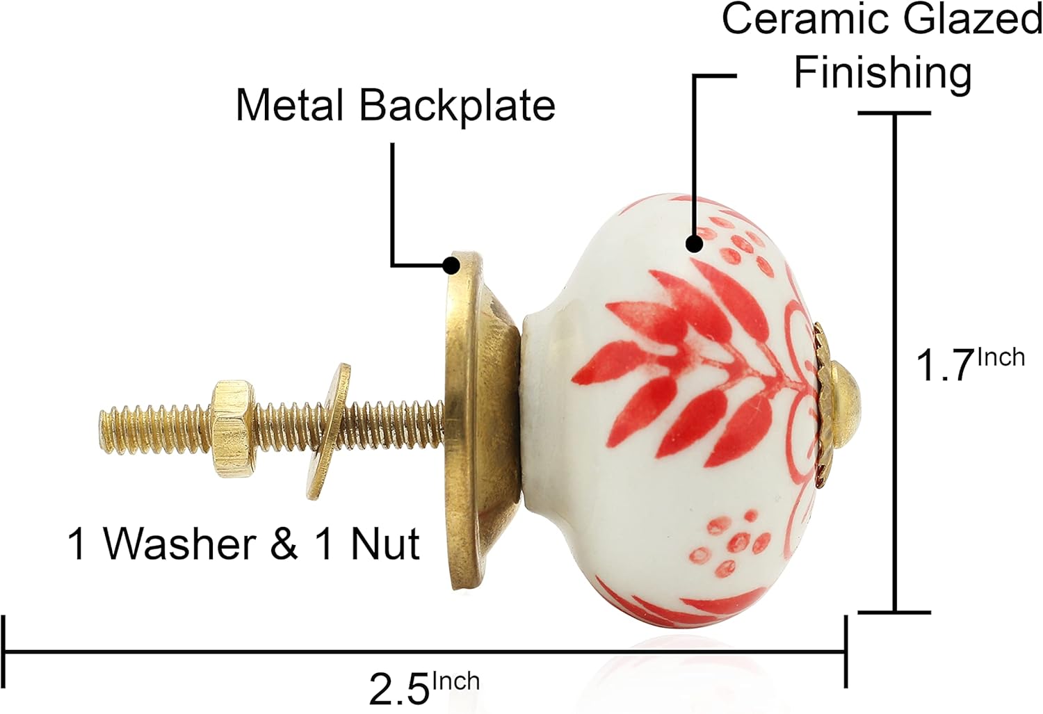 Dresser Knobs - Countryside Handmade Ceramic Drawer Handle Kitchen Cabinets Cupboard Wardrobe Pulls Farmhouse Boho Furniture Hardware - Red Bale - Pack of 4
