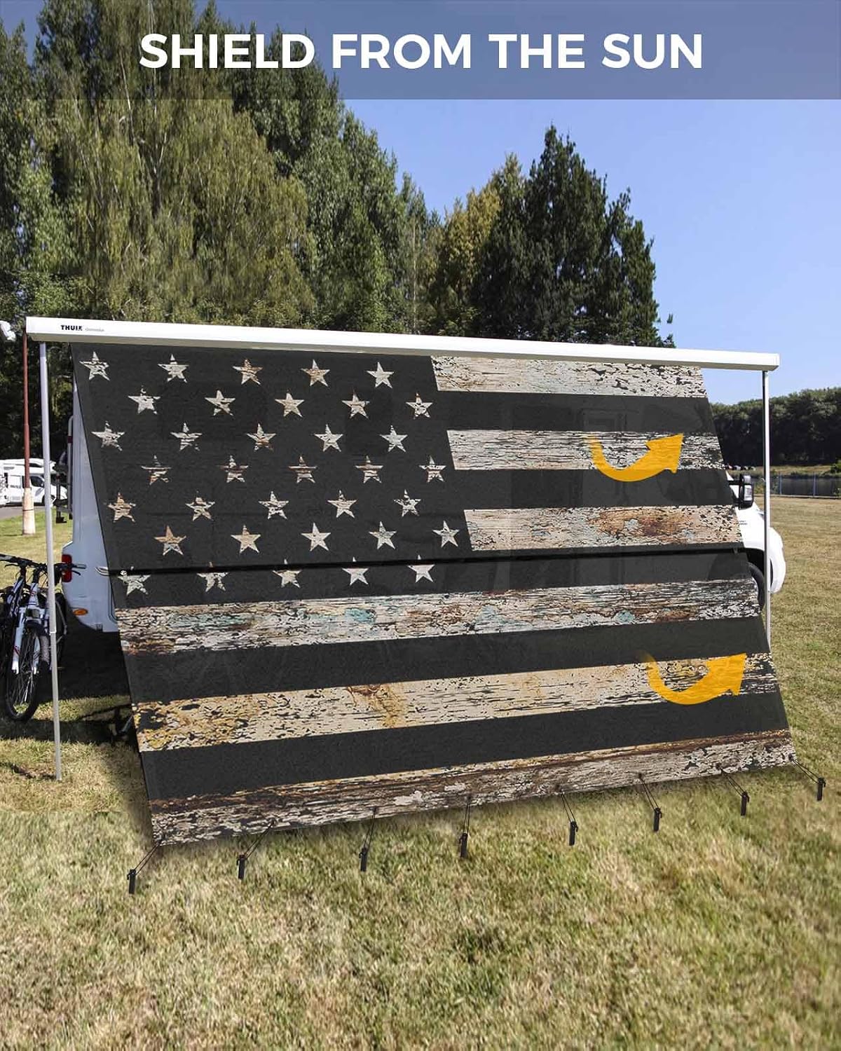 RV Awning Sun Shade Screen with Zipper 9'x15.5' Wooden Board Texture American Flag Mesh Sunshade UV Blocker Awning Shade Complete Kits for Motorhome Camper Travel Trailer Canopy