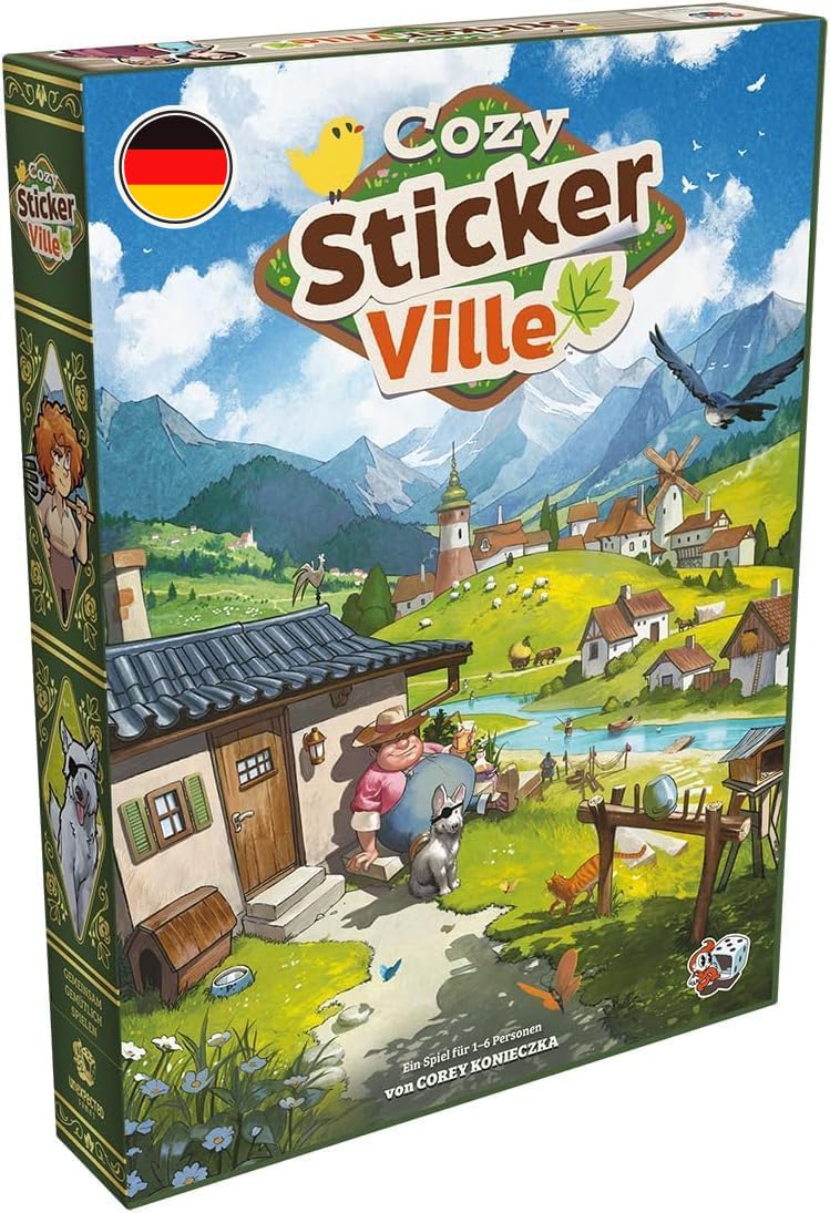 Asmodee, Cozy Stickerville, wersja DE, kooperacyjna gra rodzinna dla 1-6 graczy od 8 lat, gra planszowa z 30-60 minutami gry na grę