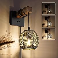 Vista 16 de N01 Apliques de Pared Enchufables Regulables Colgantes Bohemios de Ratán Lámpara de Pared Rústica Sin Escalones Aplique de Pared Tejido Lámpara