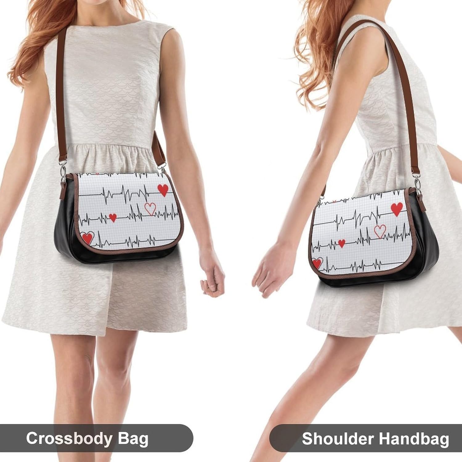 Calling Nurses White Heart BeatWomen's Faux Leather Crossbody Bag, Waterproof Wrinkle-Resistant Shoulder Bag with Detachable Strap, Large Capacity Casual Handbag, Fashion Daily Purse for Shopping Work