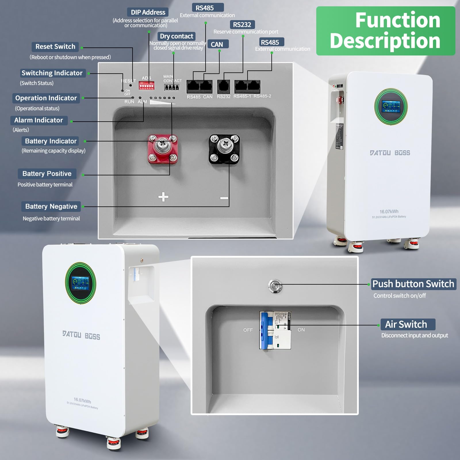 DATOUBOSS Batterie Lithium 48V 314Ah LiFePO4,200A BMS,8000+Cycles Profonds,Max 16,07KWh,Prend en Charge la Connexion parallèle,Une Grande capacité de Batterie et Une Large Gamme d'applications