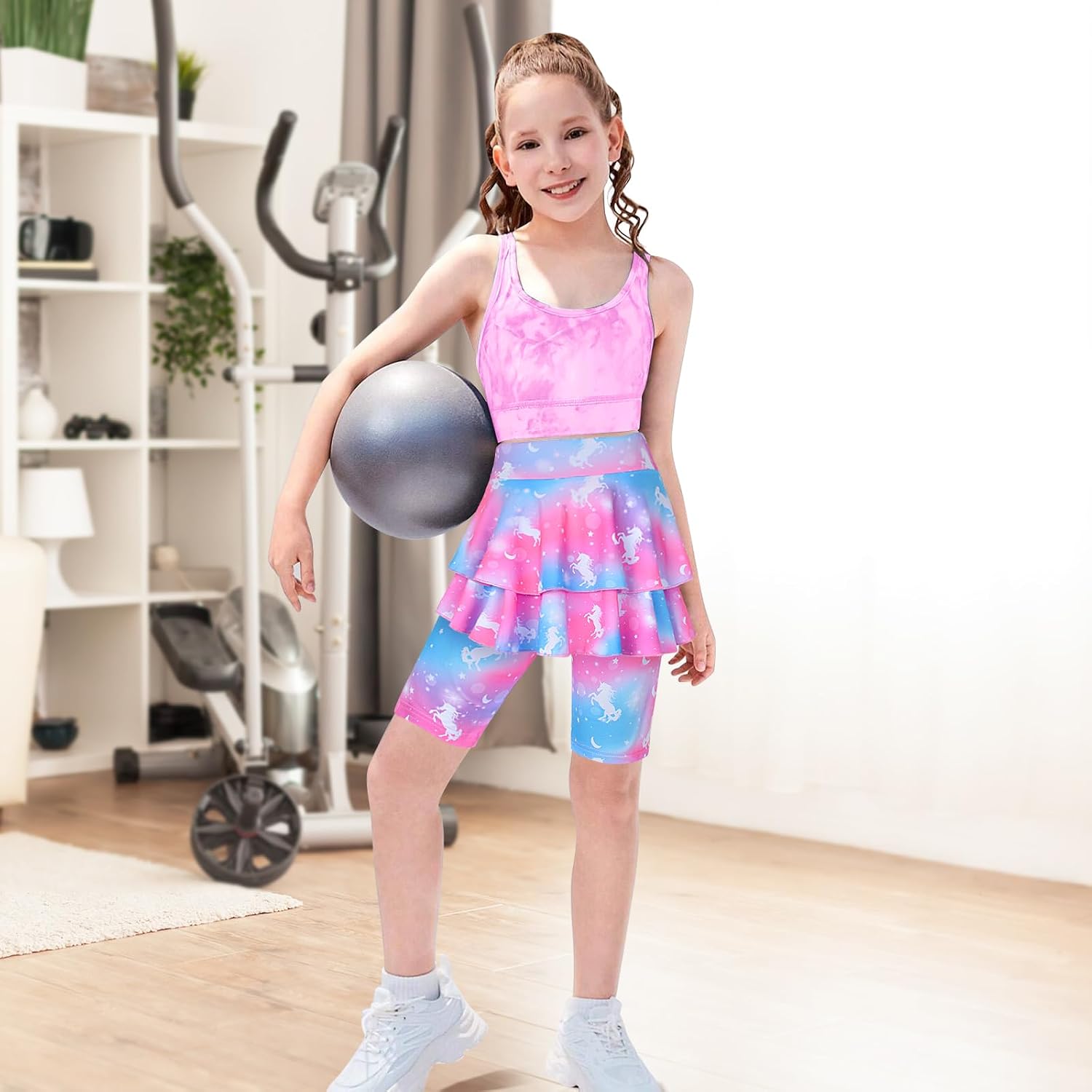 Girls Knee Length Skirt Shorts Capri Leggings Mermaid Unicorn Kids Summer Pants Footless Tights with Ruffle Skirt 2 Packs