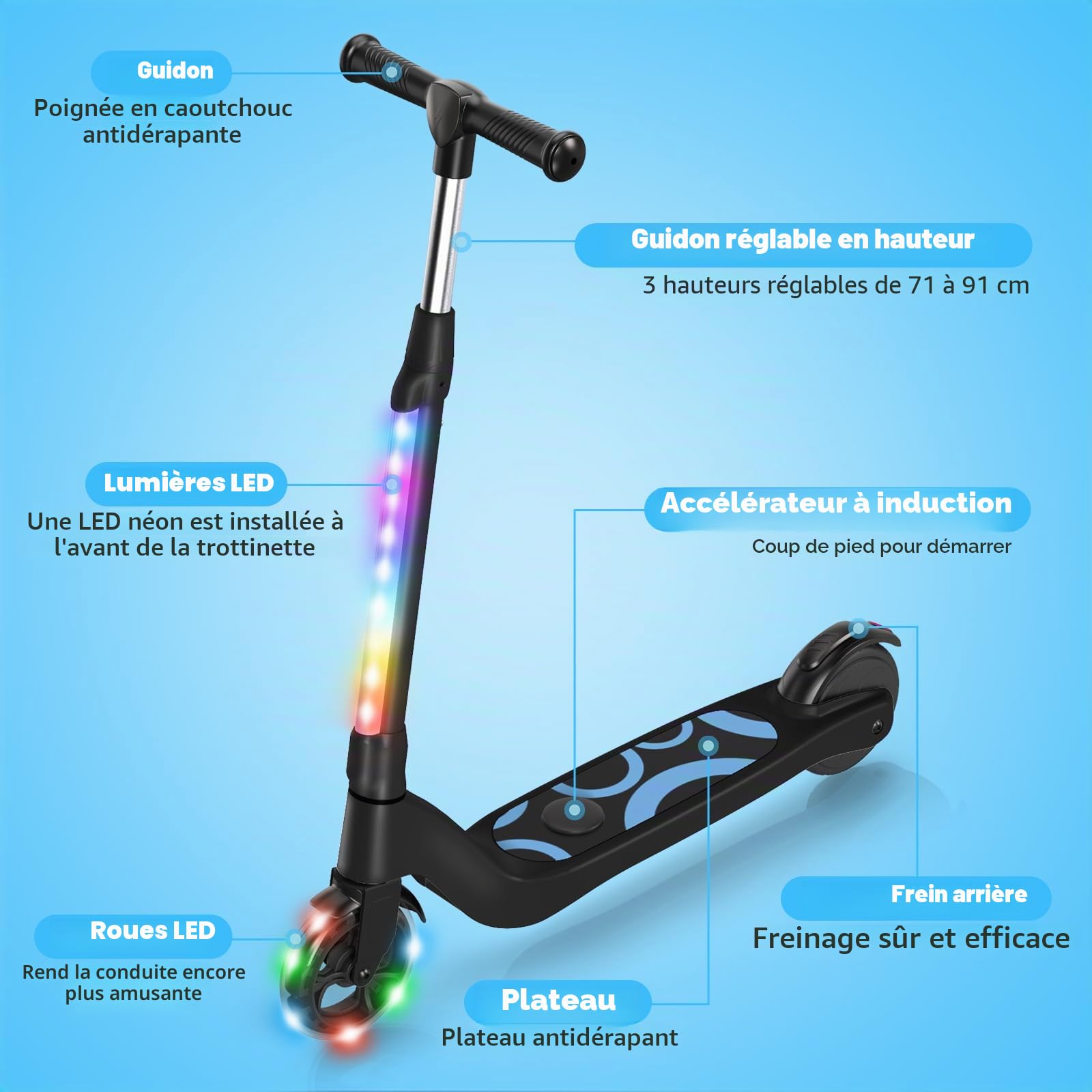 SISIGAD Trottinette électrique pour Enfants de 6 à 12 Ans, 5,3 ", avec lumières LED Clignotantes et 3 hauteurs réglables, Charge maximale de 10 km/h, Moteur 45 W, Charge maximale 70 kg