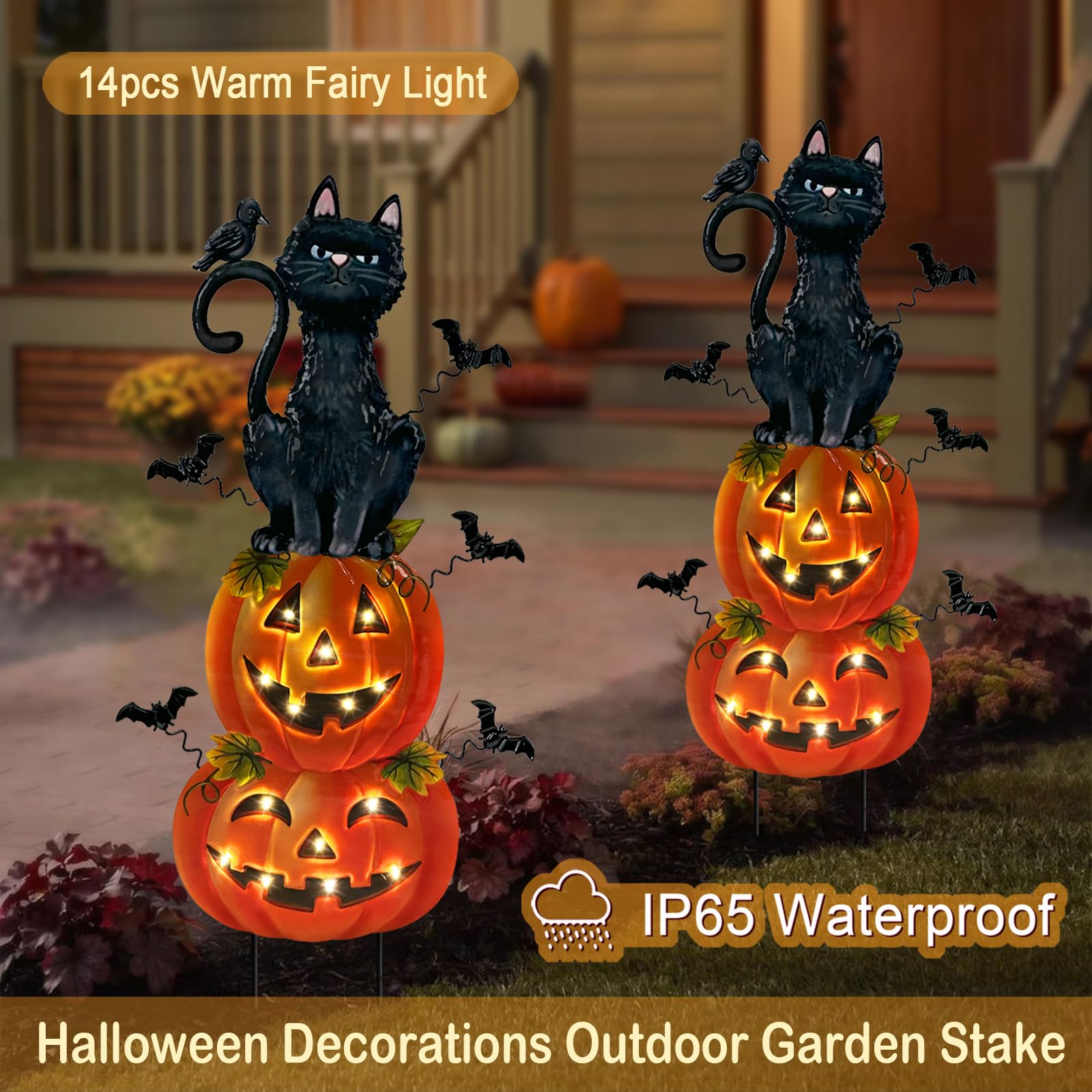 Decorazioni di Halloween all'aperto, gatto nero in metallo a batteria con pipistrelli di zucca illuminato timer per esterni, spaventoso Halloween Yard Art per patio, cortile, prato, interno