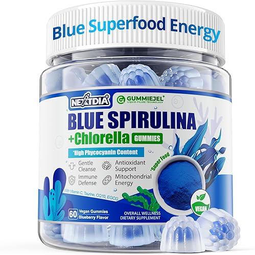Gomitas de espirulina azul orgánica, alta ficocianina de algas azul-verdes ricas en nutrientes para antioxidantes, energía celular y limpieza,
