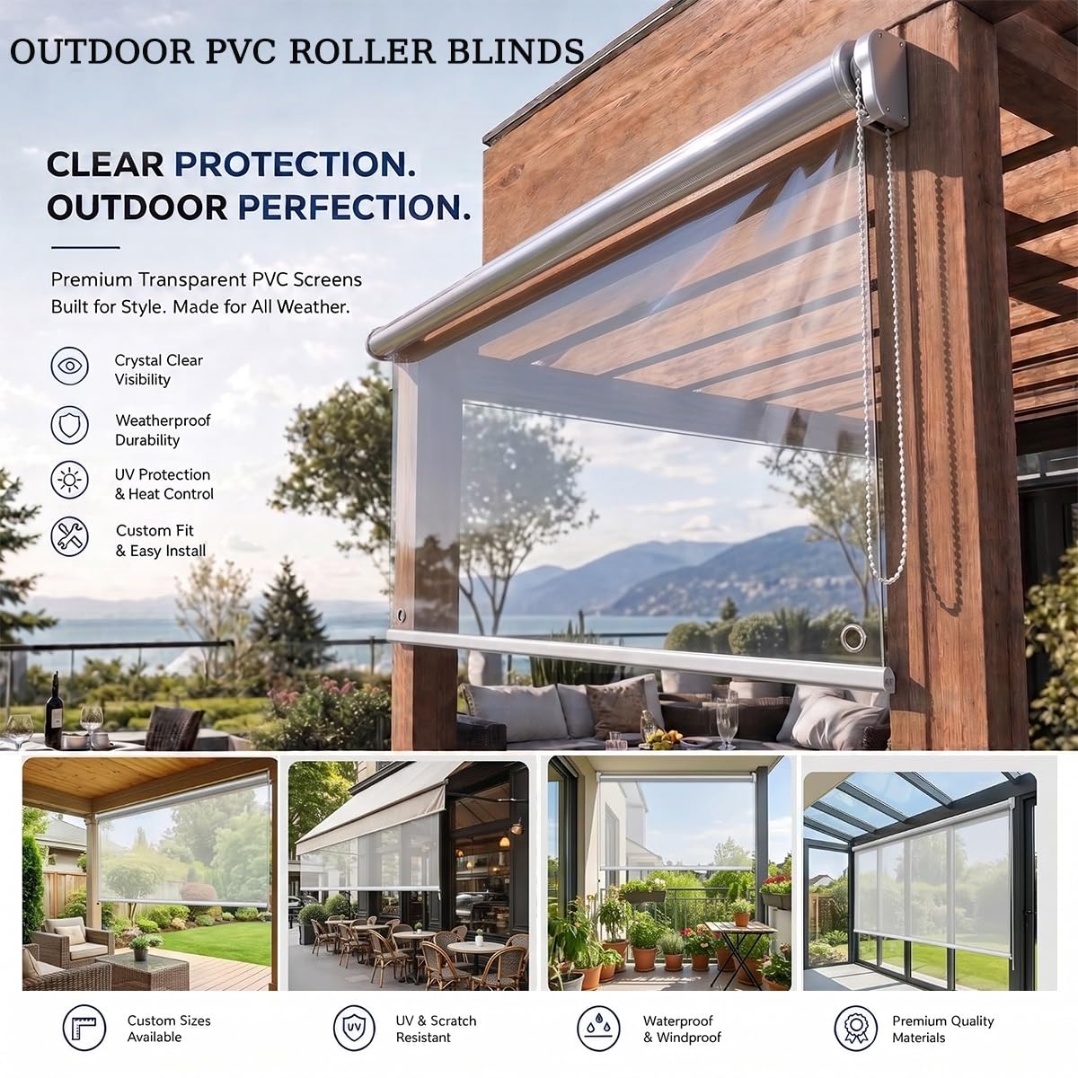 Store Enrouleur Transparent et Imperméable, Volets Roulants Exterieur PVC | Stores à Enroulement, Rideau de Séparation Clairs en plastique pour pergola Fenêtres, Anti-poussière(140x120cm)