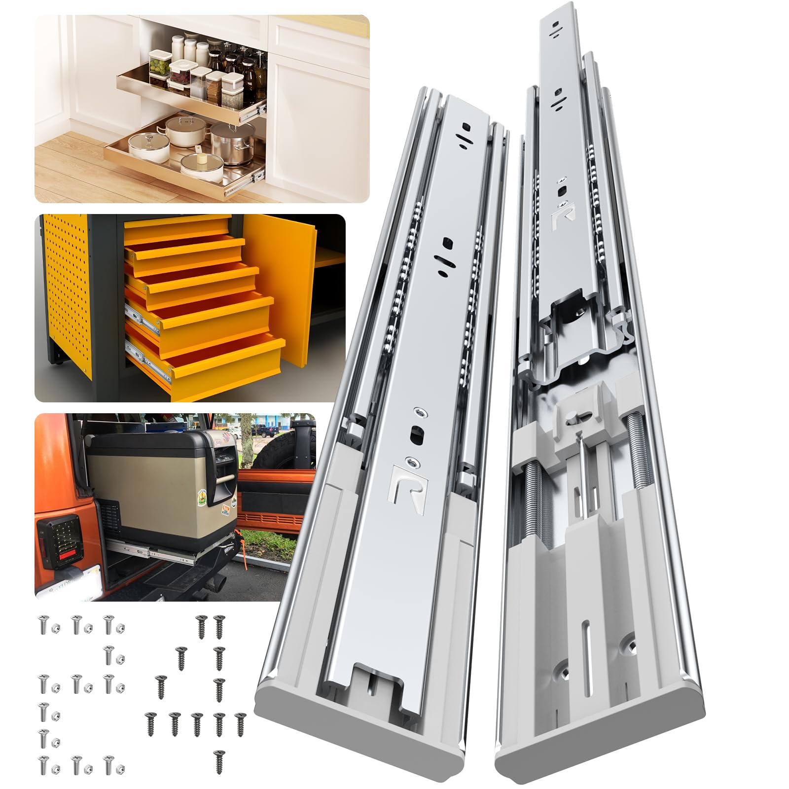 Furniware 1 coppia di guide scorrevoli per cassetti con chiusura ammortizzata, resistenti, 35,6 cm, 40,6 cm, 45,8 cm, 50,8 cm, capacità di carico di 74,8 kg, con cuscinetto a sfera a estensione