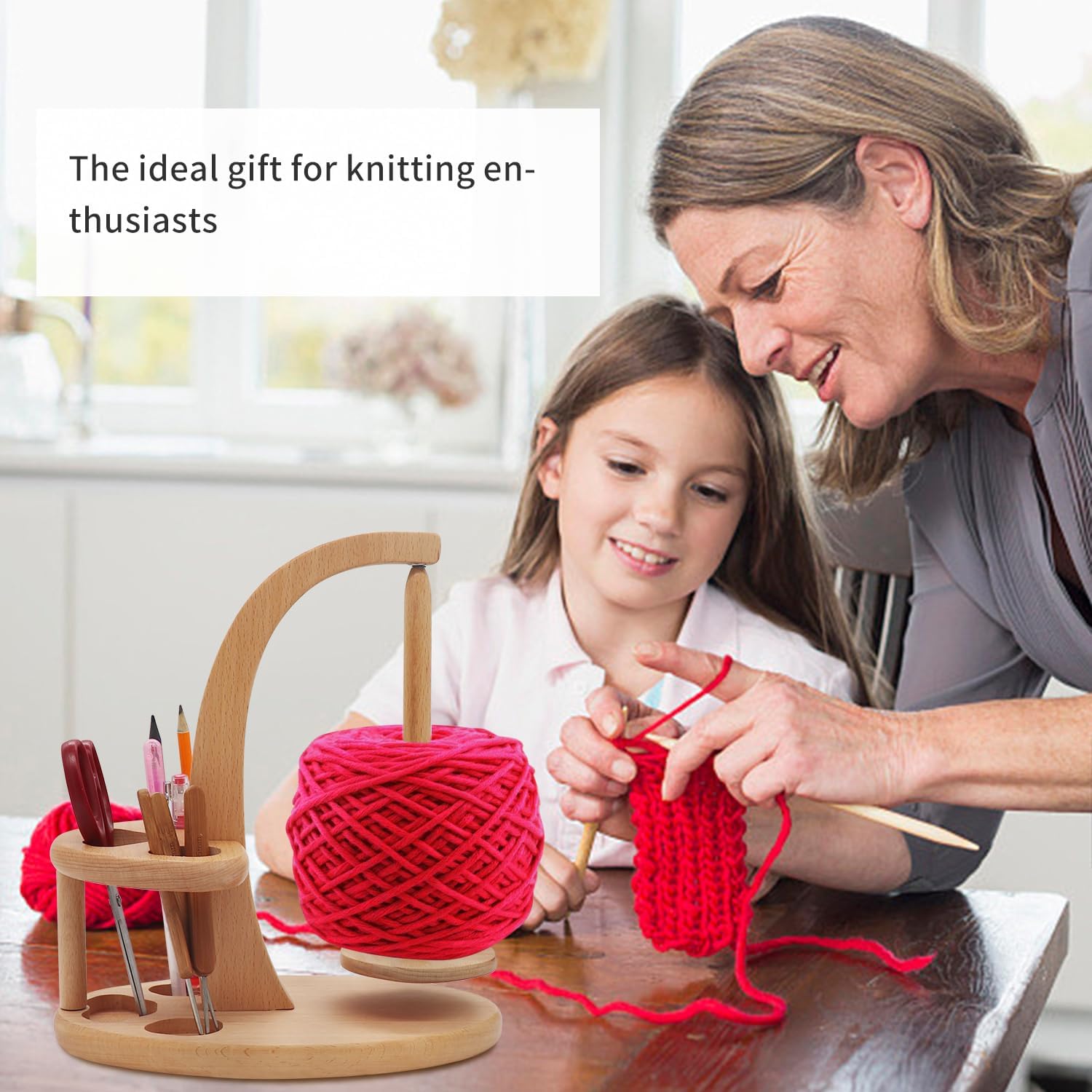 Upgraded Yarn Ball Holder for Knitting and Crocheting, Magnetic Rotating Stand,Holds Yarn Balls Up to 16 oz, Ideal Knitting and Crochet Gift for Craft Lovers(Natural Wood Color)