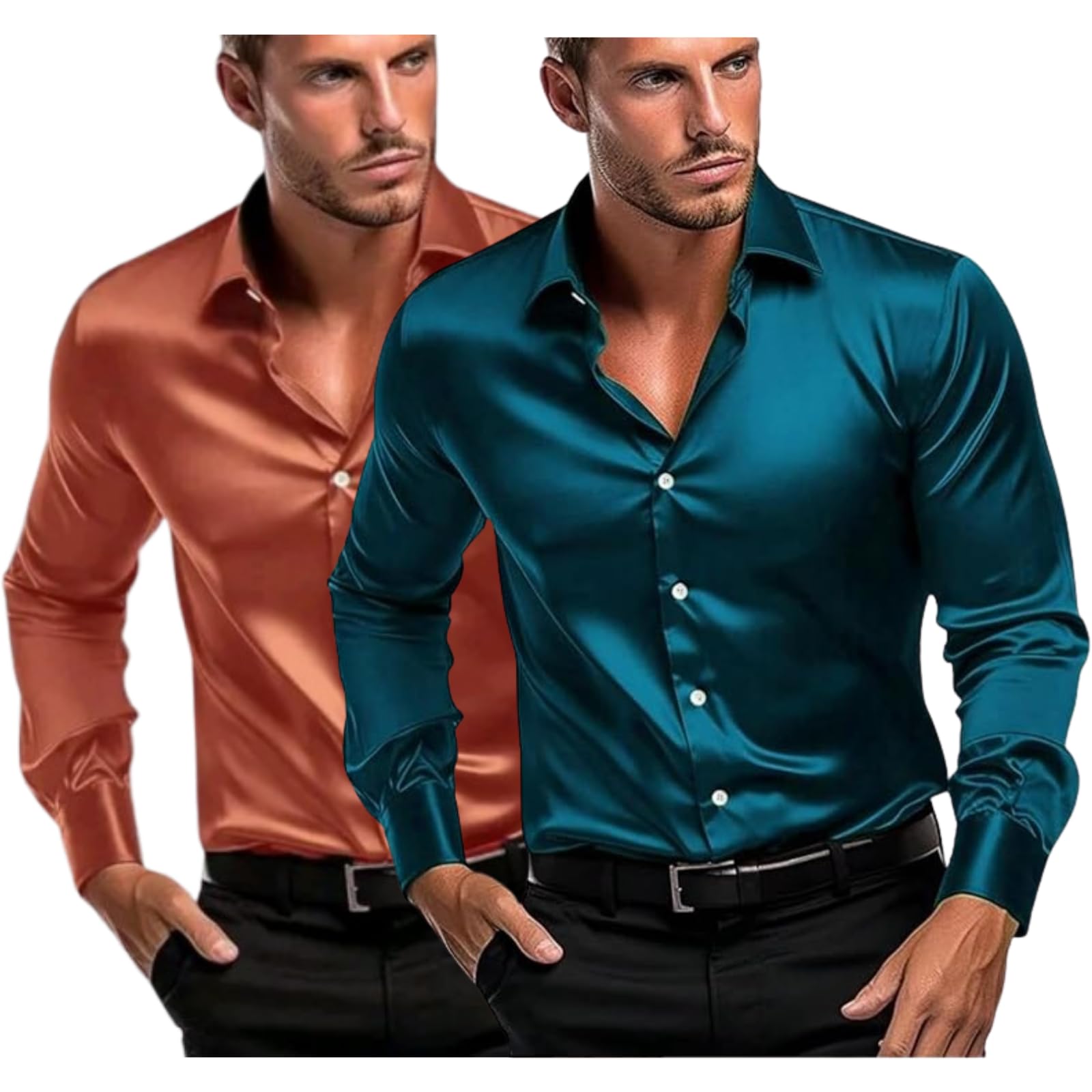 FUNKY RICH Camicia da uomo in raso di seta a tinta unita con maniche lunghe e colletto - lunghezza standard e chiusura con bottoni, camicie formali da uomo, elegante camicia da uomo