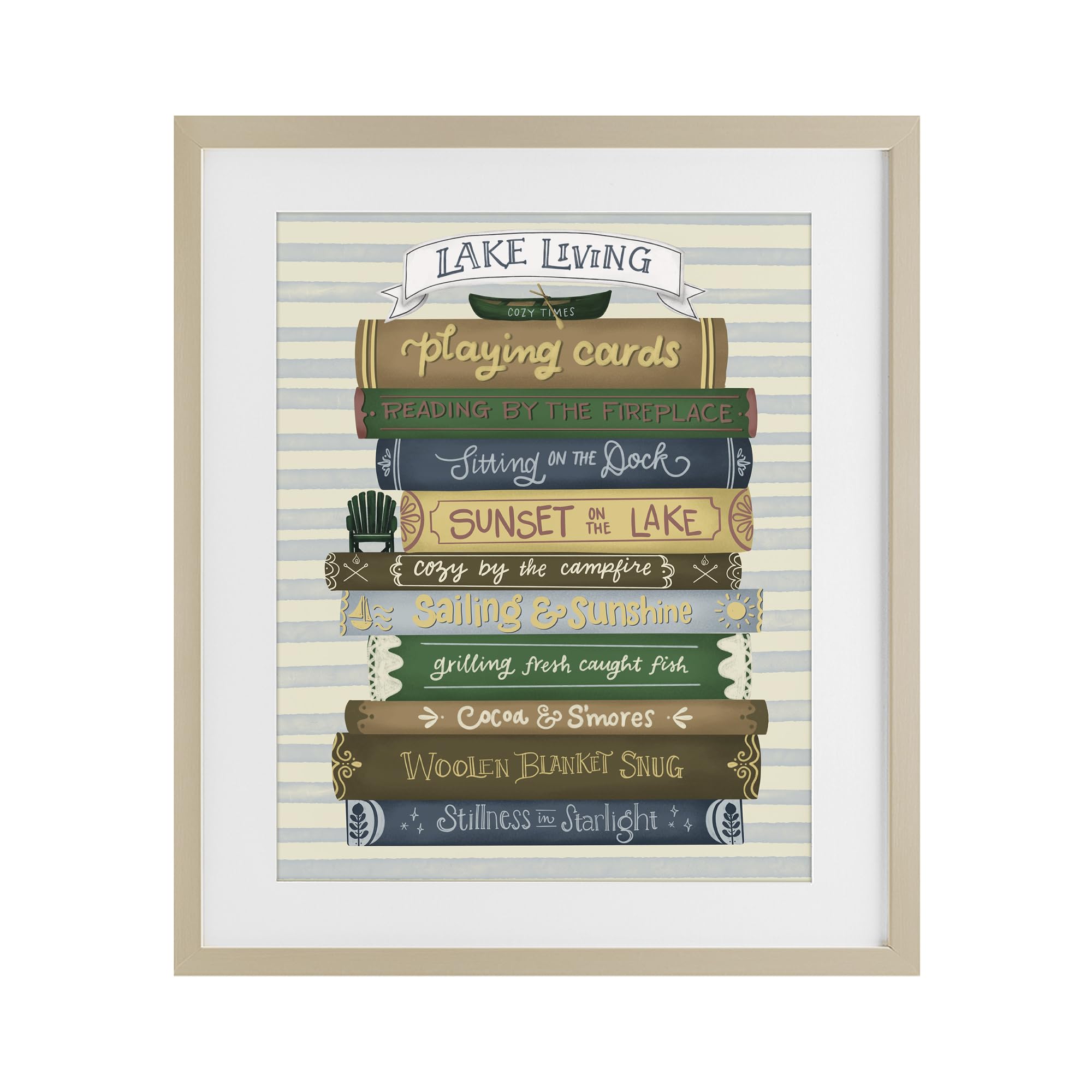Stupell Industries Harvest Pine (Textured) 'Lake Living Book Stack'| Framed Print Under Glass