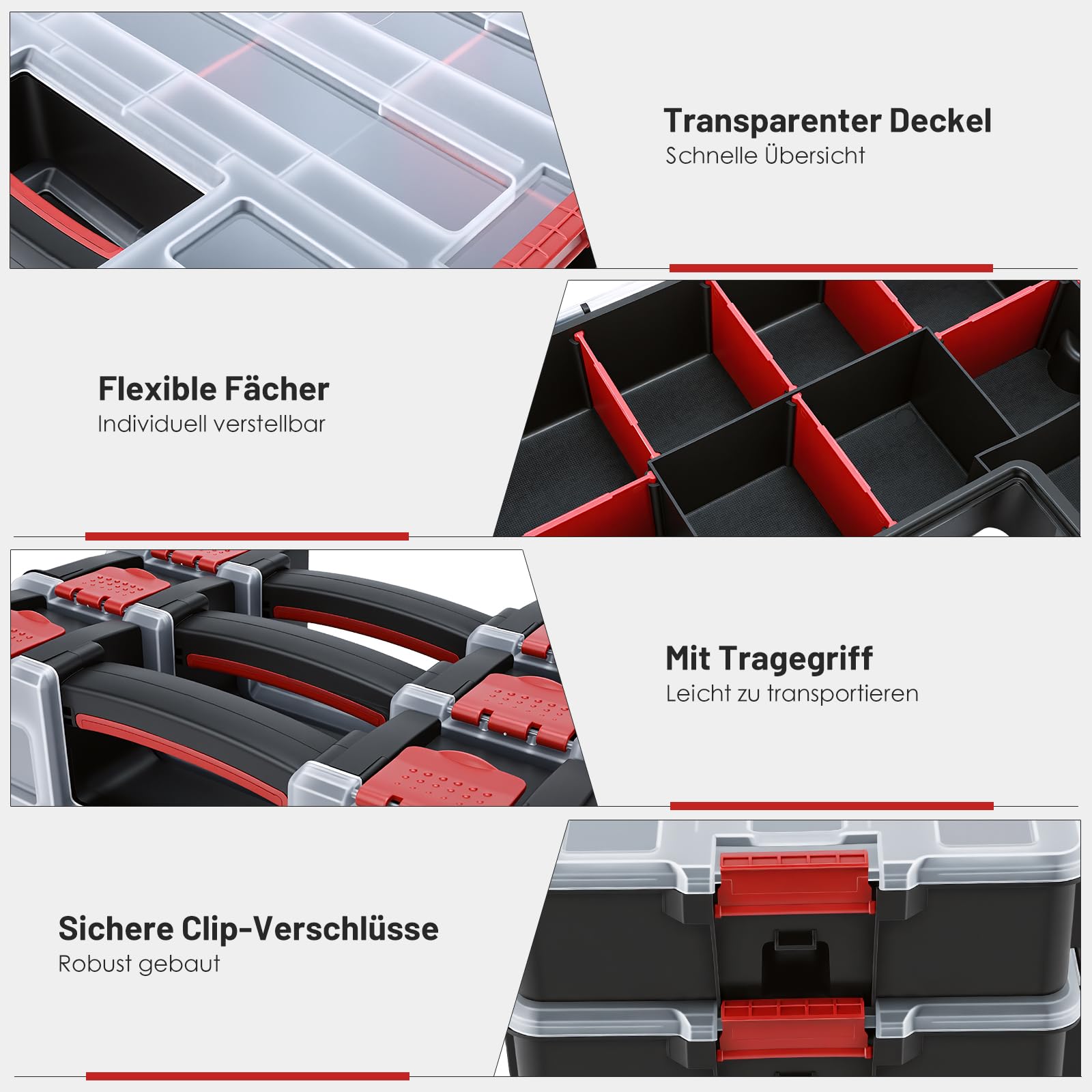 Famuka Sortimentskasten Set-3-stufiger Werkzeugkasten-Werkstatt Garage Haushalt Kleinteile Organizer (Rot)