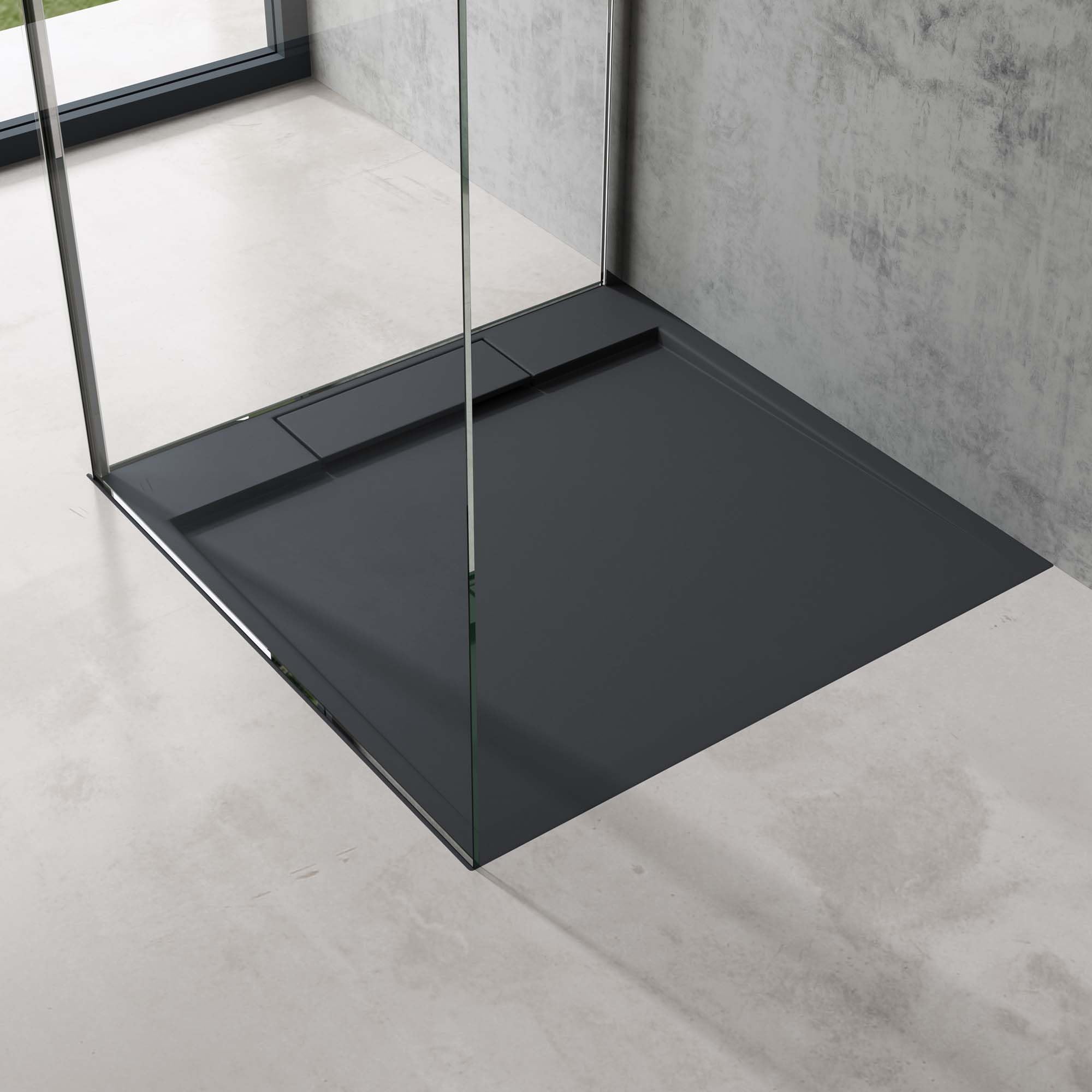 doporro Plato de Ducha 80x80x4cm Mármol Fundido en Antracita con desagüe AL01 Conexiones DIN apto para Instalación a ras de Suelo Geoma04